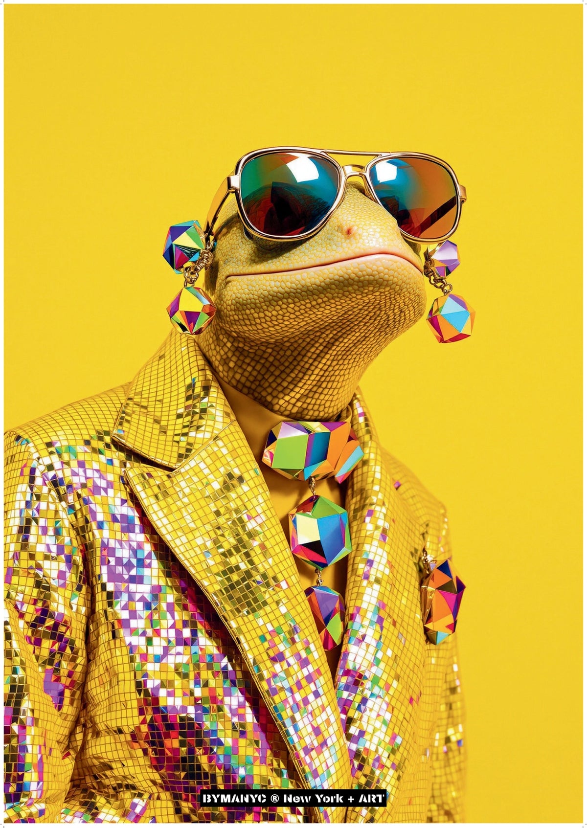 POSTER of ART AVANT-GARDE - THE GOLDEN REPTILE - Limited Edition High-Fashion Portrait with Holographic Sequin Suit and Iridescent Aviator Sunglasses - BYMANYC ® New York + ART