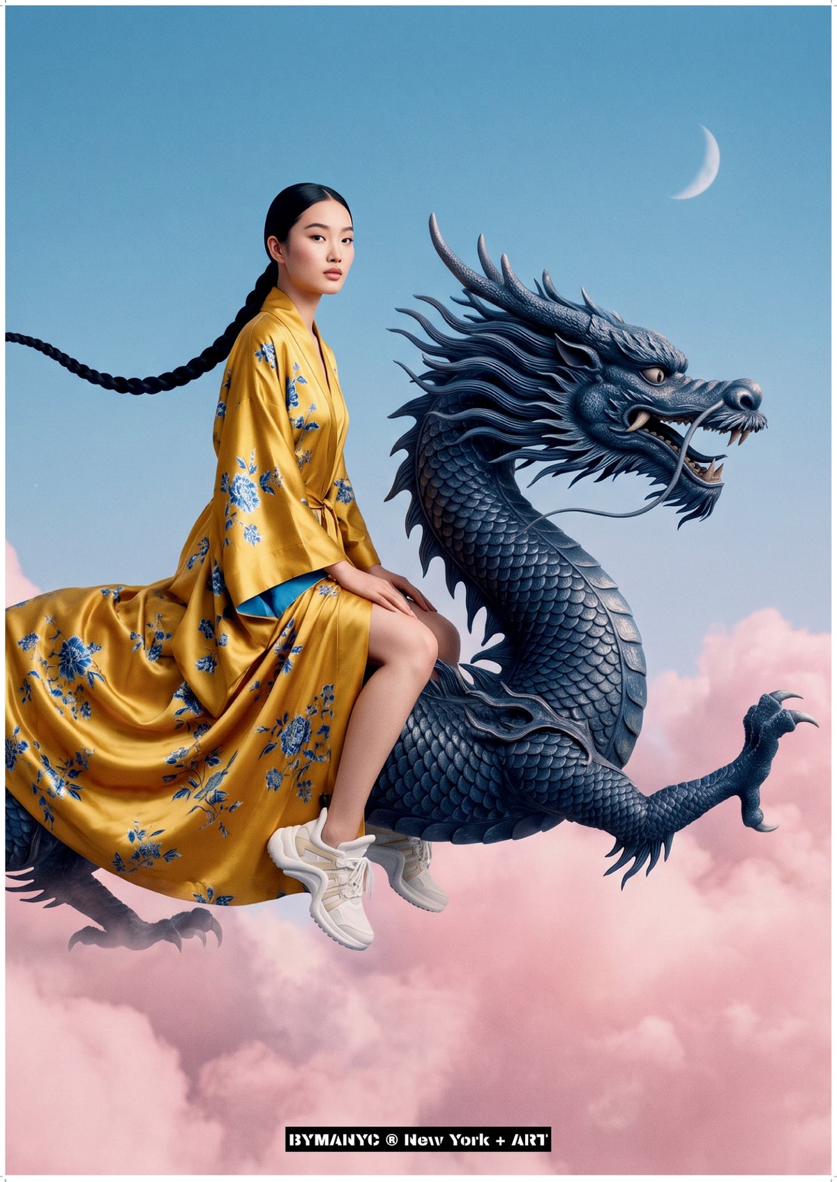 POSTER of ART VANGUARD - DRAGON RIDER - Surreal High-Fashion Fantasy Editorial with Golden Silk Kimono and Mythical Dragon in Pink Clouds - BYMANYC ® New York + ART