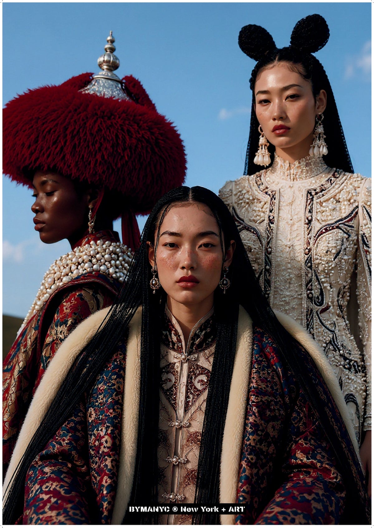 POSTER of ART AVANT-GARDE - THE IMPERIAL TRIO - Traditional Ornate Headdresses and Embroidered Robes Portrait - BYMANYC ® New York + ART