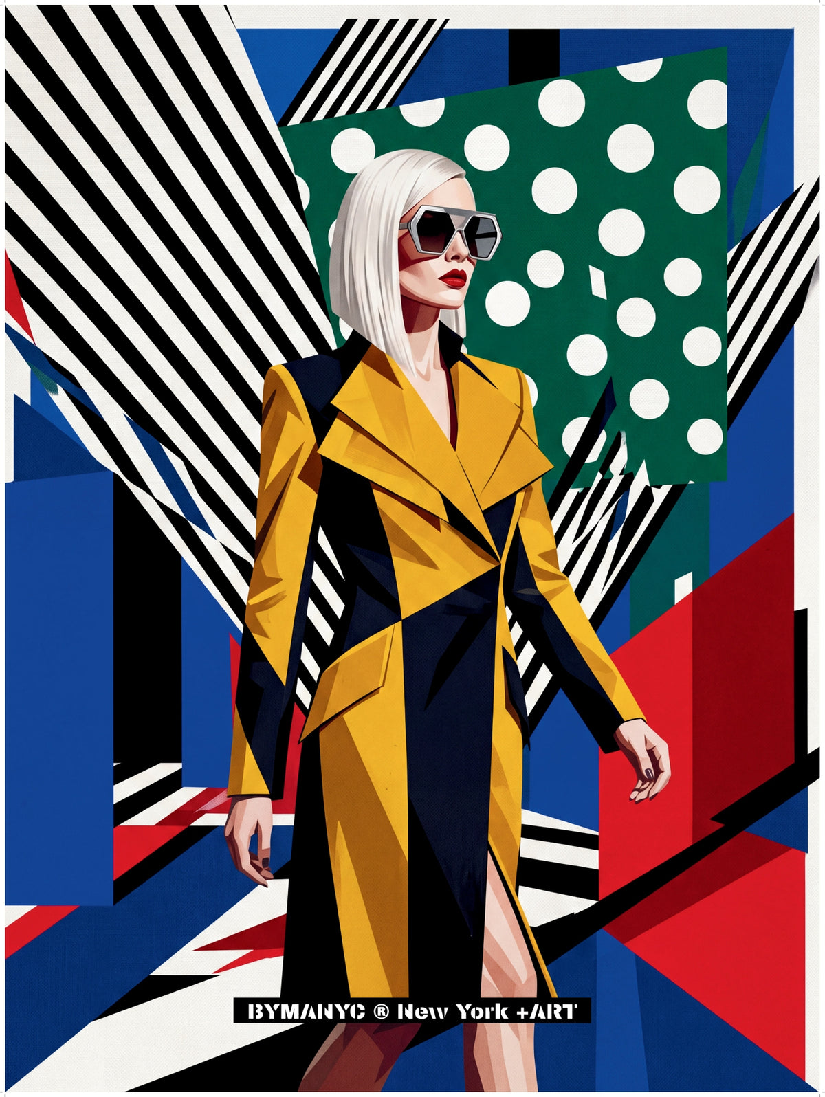 POSTER of POP ART - THE GEOMETRIC AMBER - Amber and Black Structural Coat with Polka Dot and Block Collage - BYMANYC ® New York ART