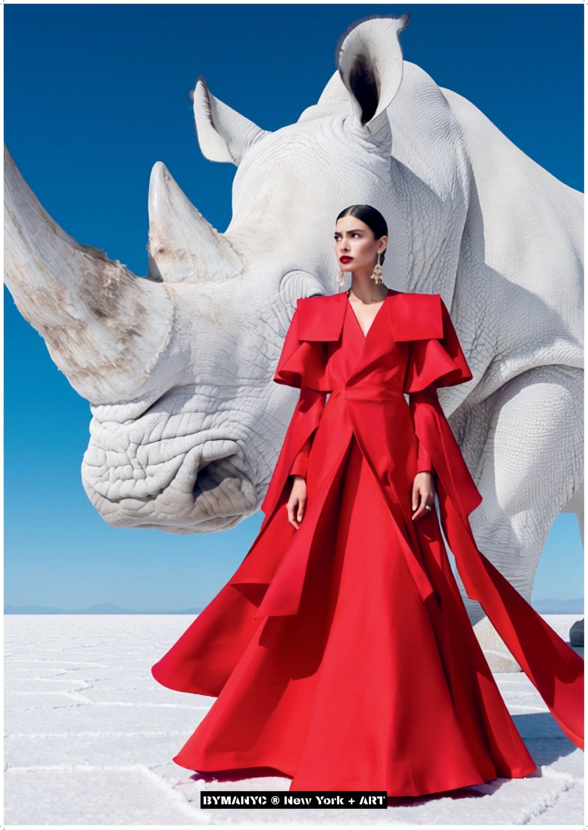 POSTER of ART FASHION - THE CRIMSON RHINOCEROS - Haute Couture Red Gown in a Surreal Landscape with a White Rhinoceros - BYMANYC ® New York + ART