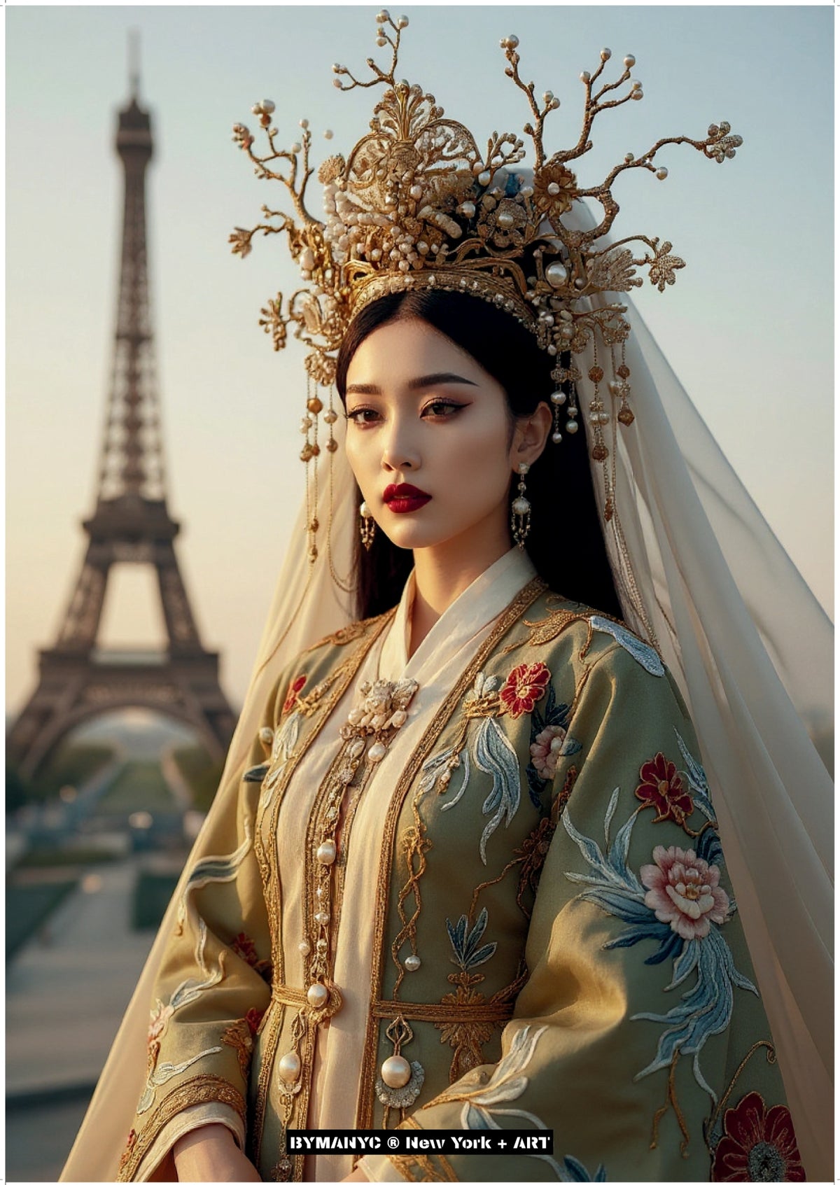 POSTER of ART AVANT-GARDE - THE PARISIAN EMPRESS - Ornate Golden Crown and Embroidered Robe Portrait with Eiffel Tower Background - BYMANYC ® New York + ART