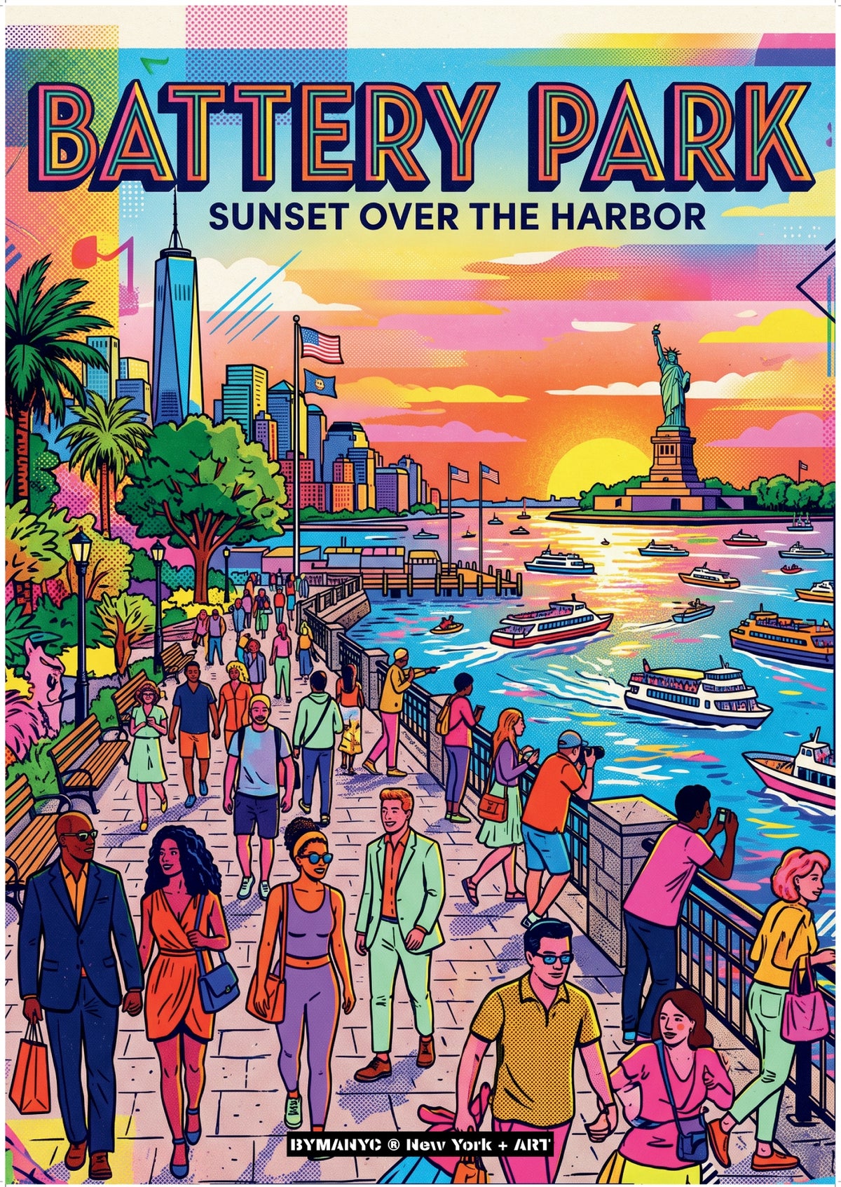POSTER of ART NYC - BATTERY PARK - Sunset Over the Harbor Skyline BYMANYC ® New York + ART Limited Edition