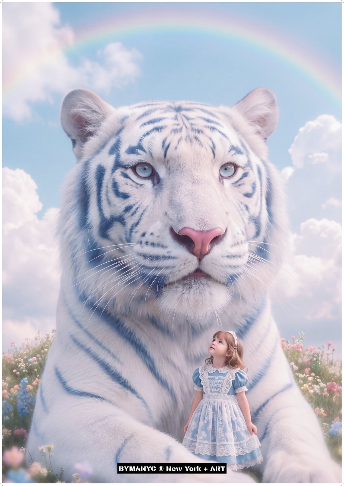 POSTER DE ARTE FANTASÍA - THE CELESTIAL GUARDIAN - Dreamlike Surreal Composition with Giant White Tiger and Young Girl under a Celestial Rainbow - BYMANYC ® New York + ART