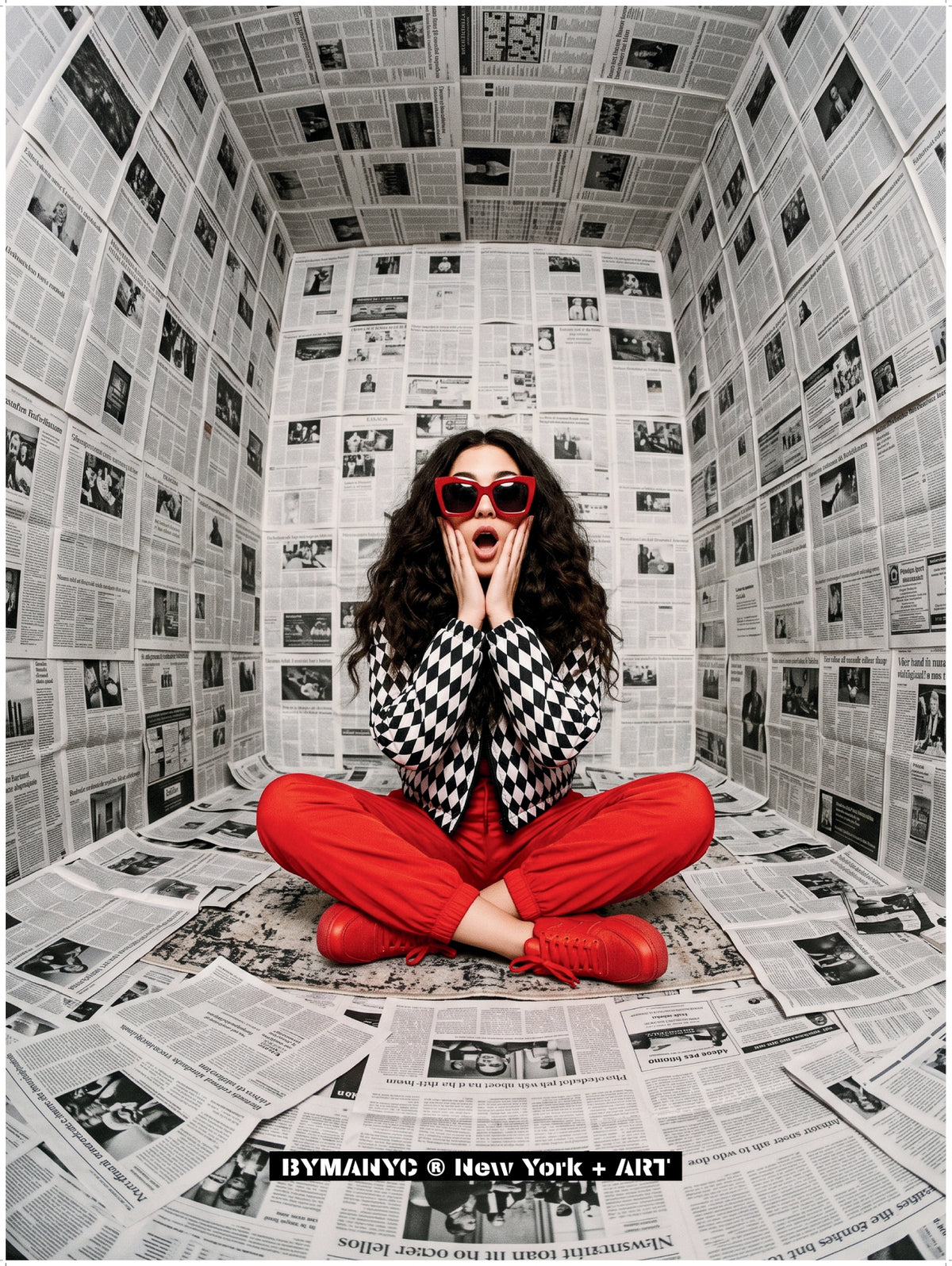 POSTER of ART AVANT-GARDE - NEWSPAPER ROOM SHOCK - Monochrome Collage Portrait - BYMANYC ® New York + ART