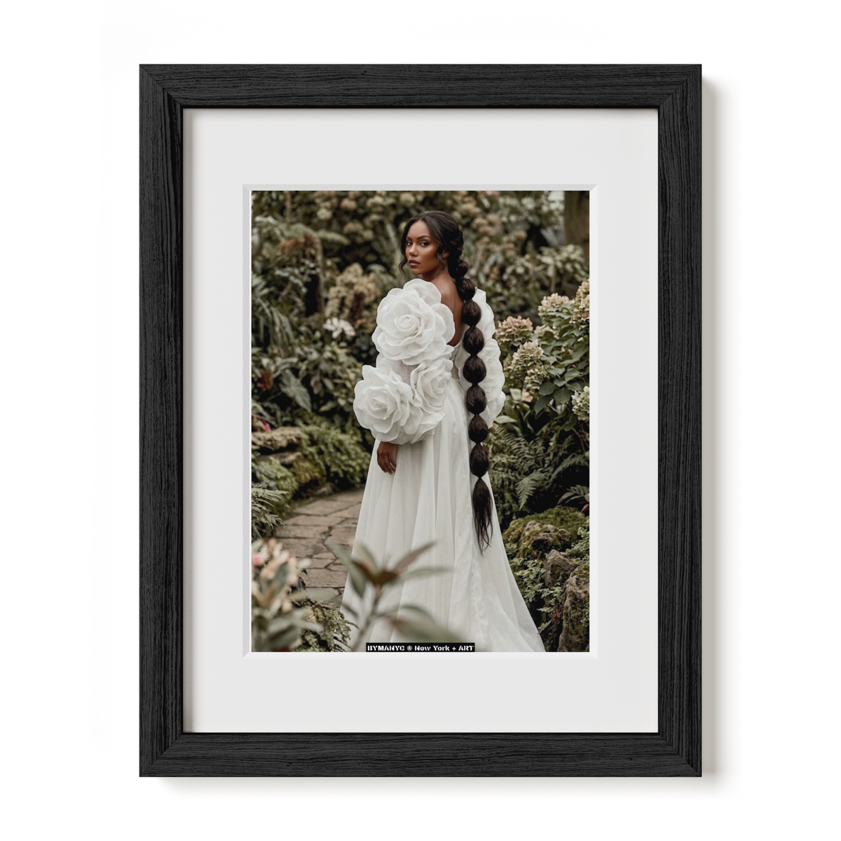 POSTER of ART AVANT-GARDE - THE BOTANICAL BRIDE - White Rose Sleeves and Bubble Braid Garden Portrait - BYMANYC ® New York + ART