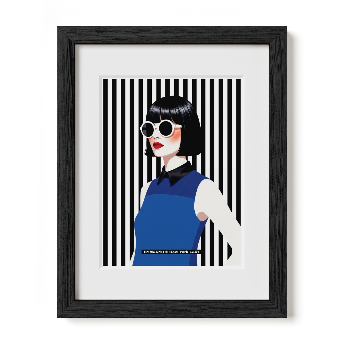 POSTER of POP ART - THE MOD OPTIC - Sapphire Blue and Black Striped Portrait - BYMANYC ® New York + ART