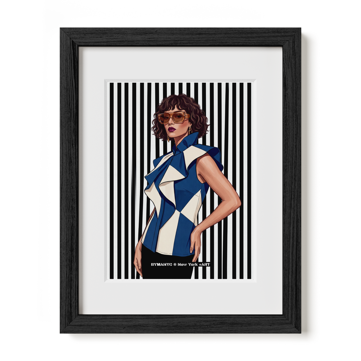 POSTER of POP ART - THE GEOMETRIC CASCADE - Cobalt Blue and Ivory Ruffled Blouse - BYMANYC ® New York + ART