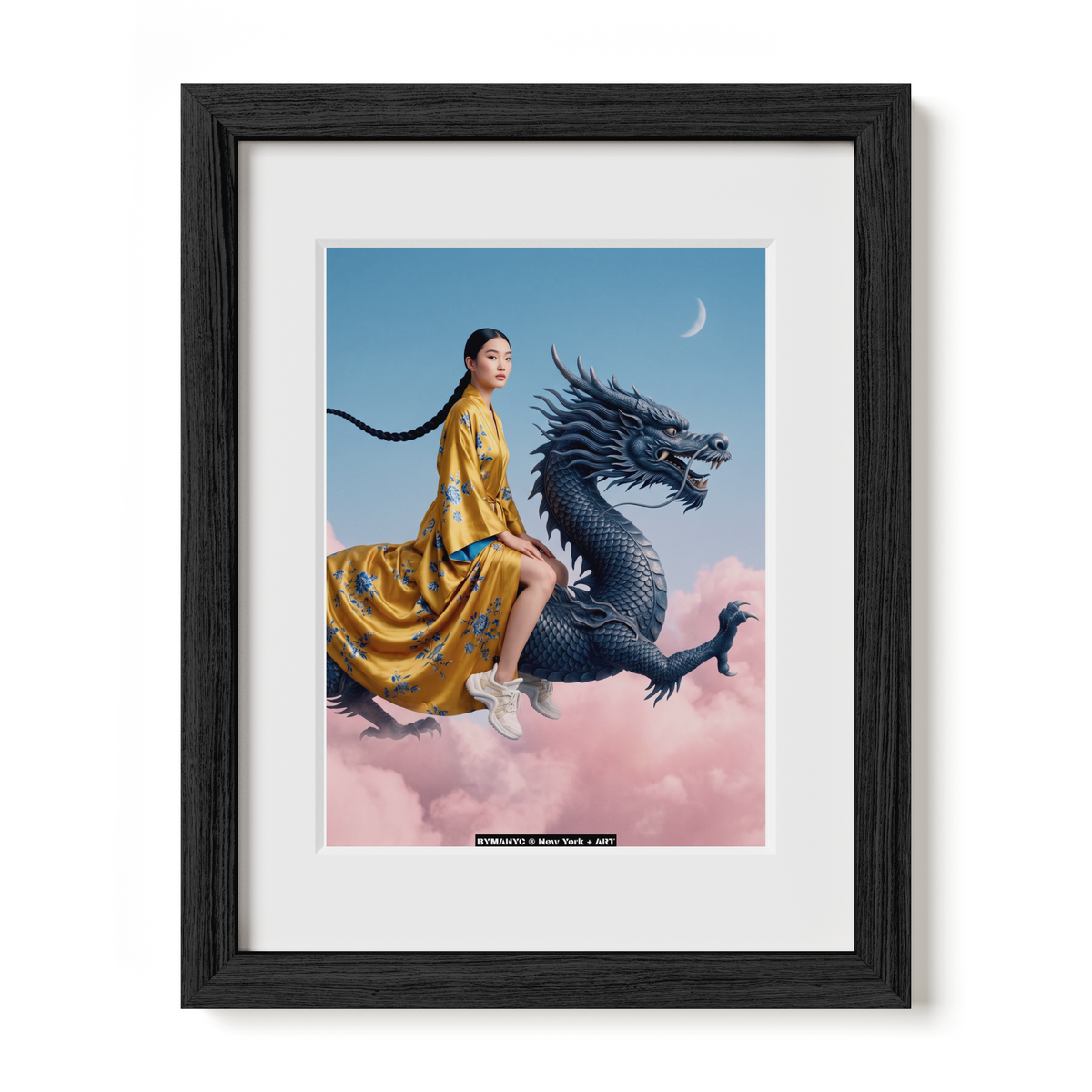 POSTER of ART VANGUARD - DRAGON RIDER - Surreal High-Fashion Fantasy Editorial with Golden Silk Kimono and Mythical Dragon in Pink Clouds - BYMANYC ® New York + ART