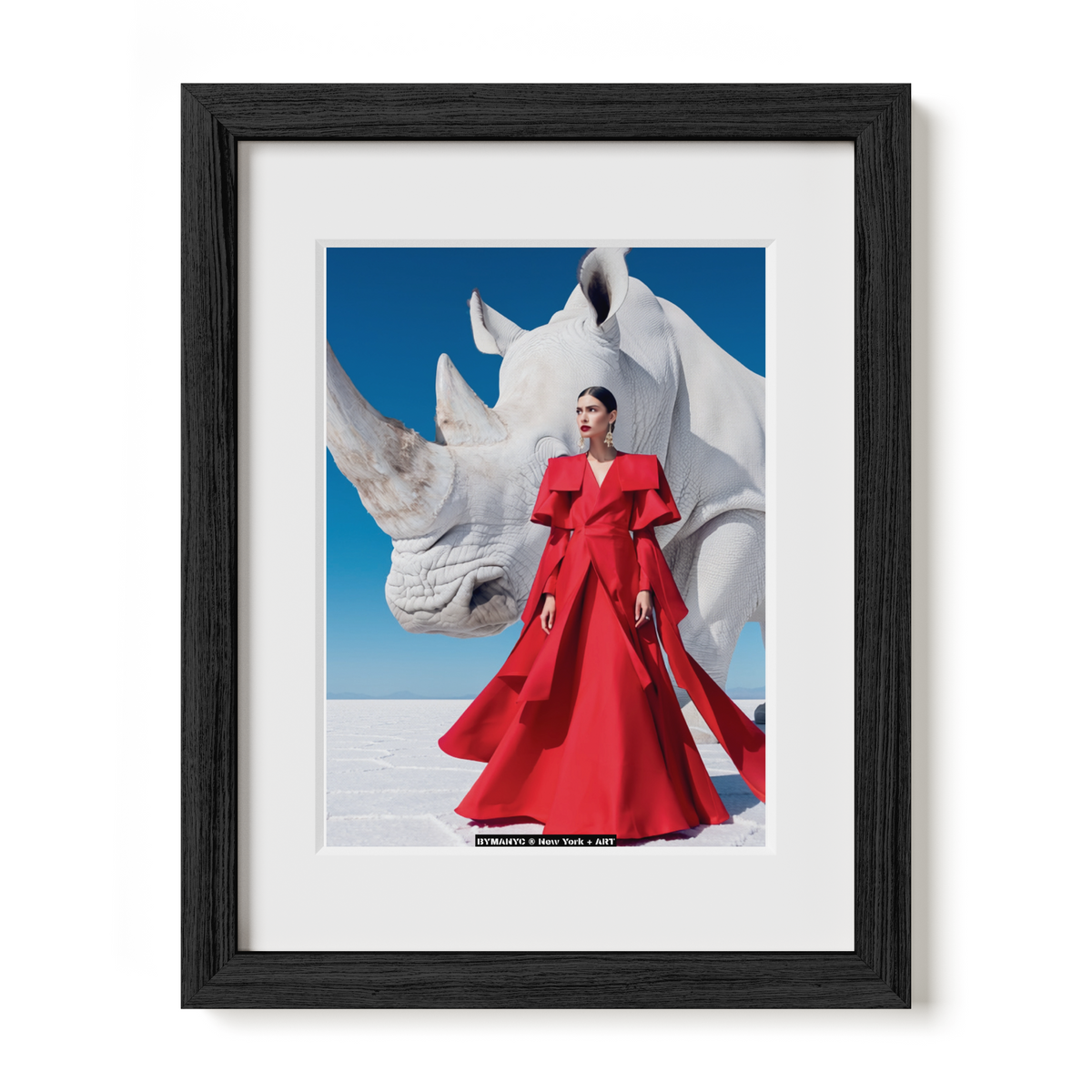 POSTER of ART FASHION - THE CRIMSON RHINOCEROS - Haute Couture Red Gown in a Surreal Landscape with a White Rhinoceros - BYMANYC ® New York + ART