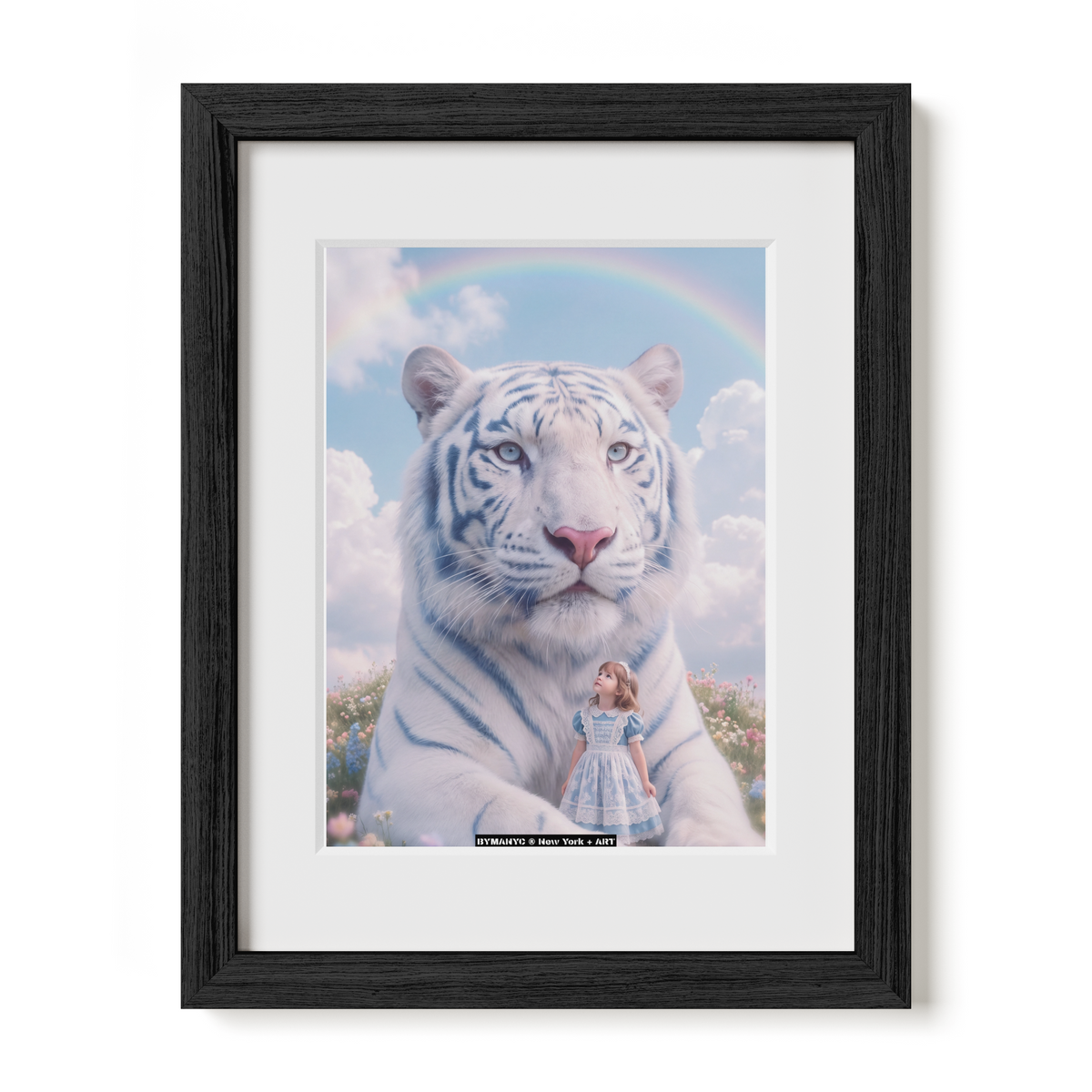 POSTER DE ARTE FANTASÍA - THE CELESTIAL GUARDIAN - Dreamlike Surreal Composition with Giant White Tiger and Young Girl under a Celestial Rainbow - BYMANYC ® New York + ART