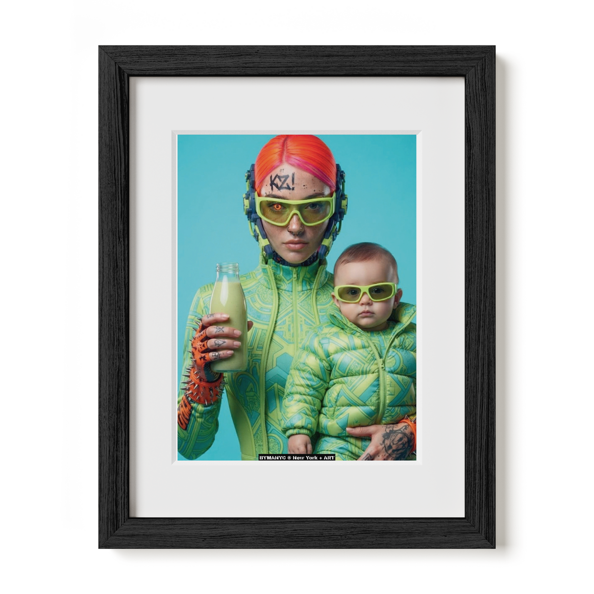POSTER of ART CYBERNETIC - THE NEON NURTURE - Limited Edition Cyber-Goth Mother and Child Portrait with Green Elixir - BYMANYC ® New York + ART