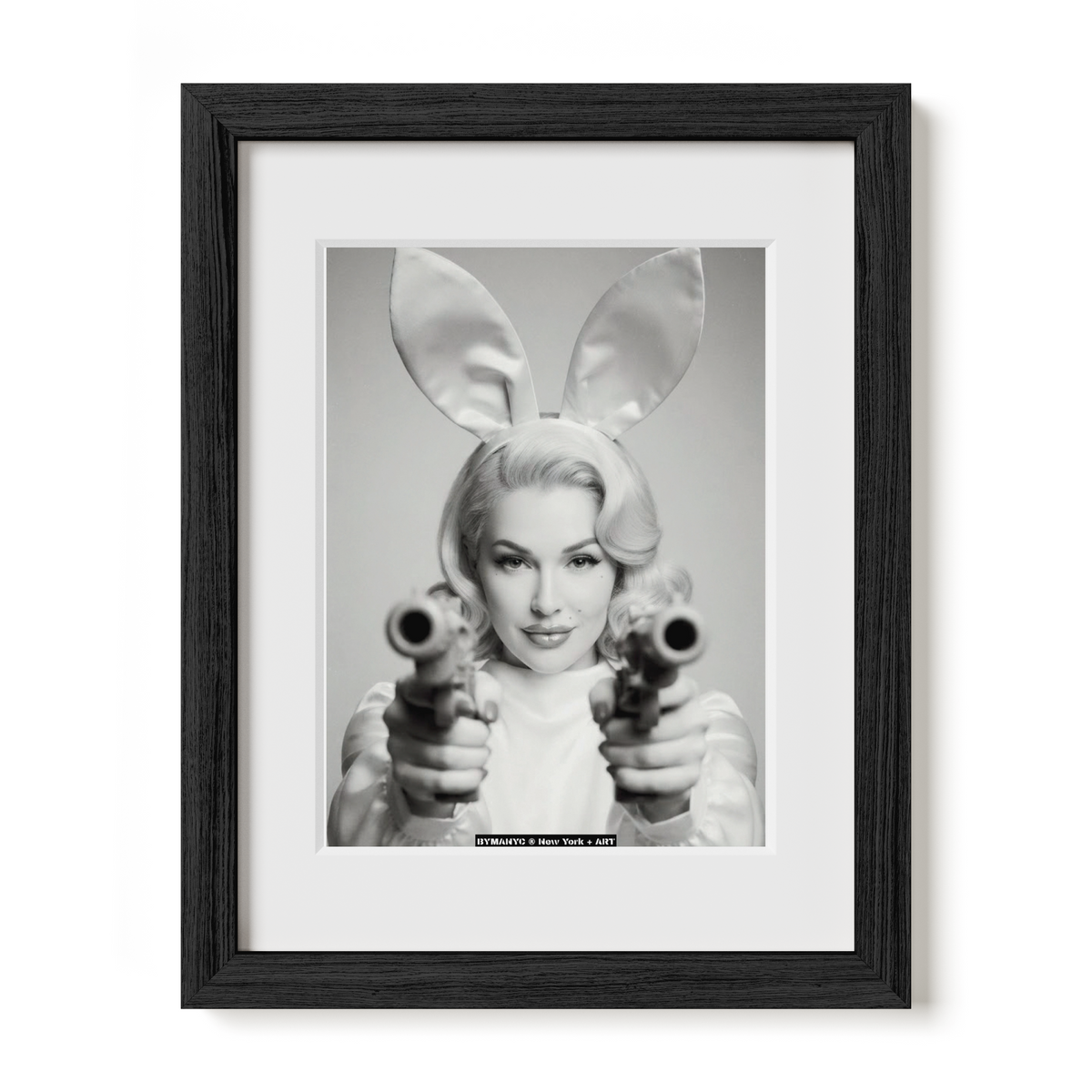 POSTER of ART NOIR - THE LETHAL INNOCENCE - Limited Edition Monochrome Portrait with Vintage Firearms and Satin Rabbit Ears - BYMANYC ® New York + ART