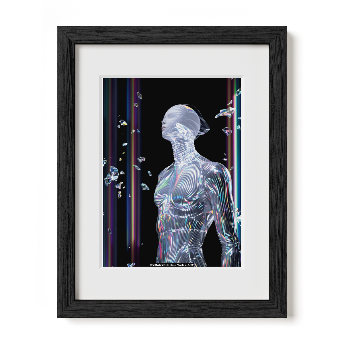 POSTER of ART AVANT-GARDE - THE CHROME ENTITY - Limited Edition High-Fashion Iridescent Figure with Floating Crystals and Deep Void - BYMANYC ® New York + ART