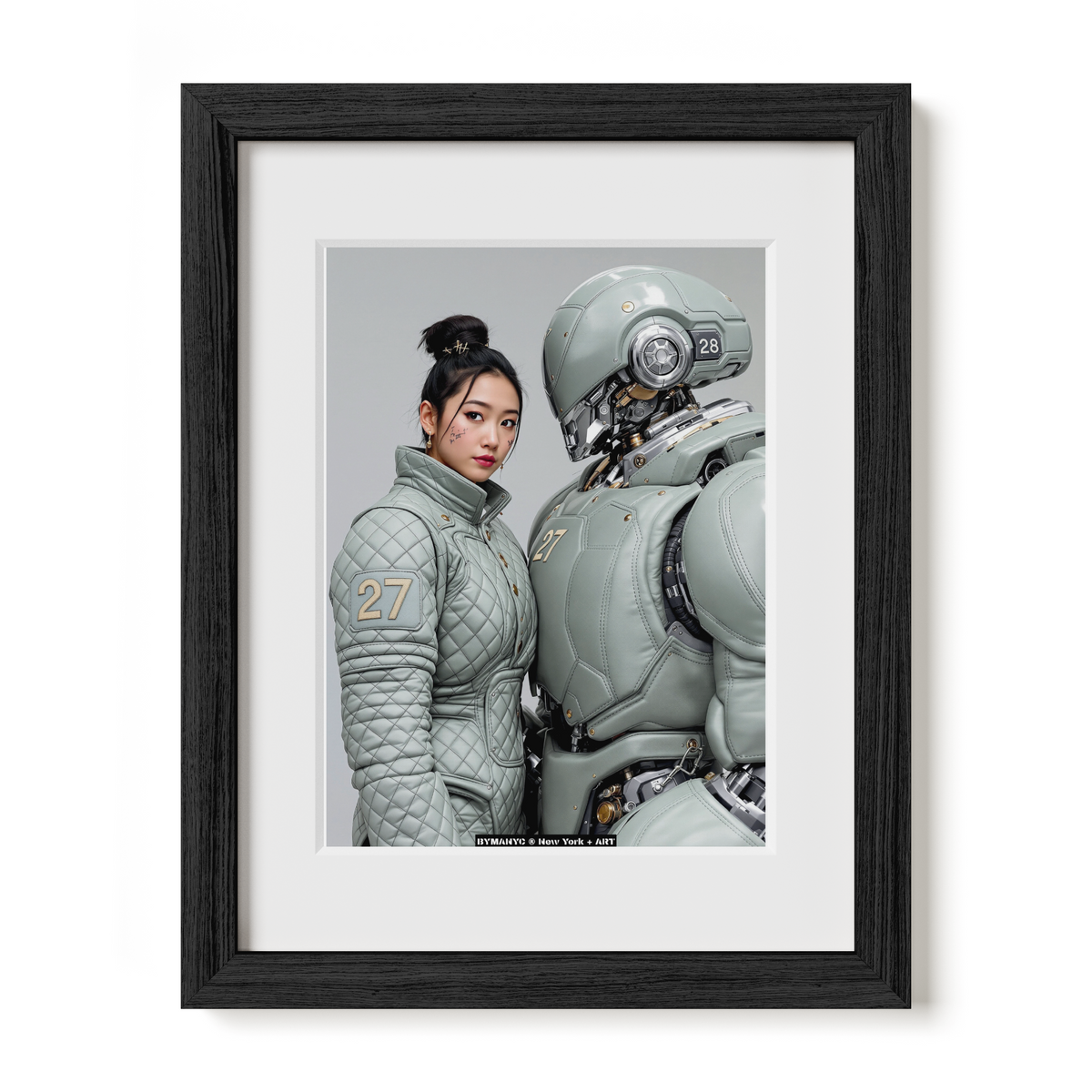 POSTER of ART AVANT-GARDE - THE CYBERNATIC DUET - Limited Edition High-Fashion Portrait with Quilted Sage Green Suit and Matching Mecha Android - BYMANYC ® New York + ART