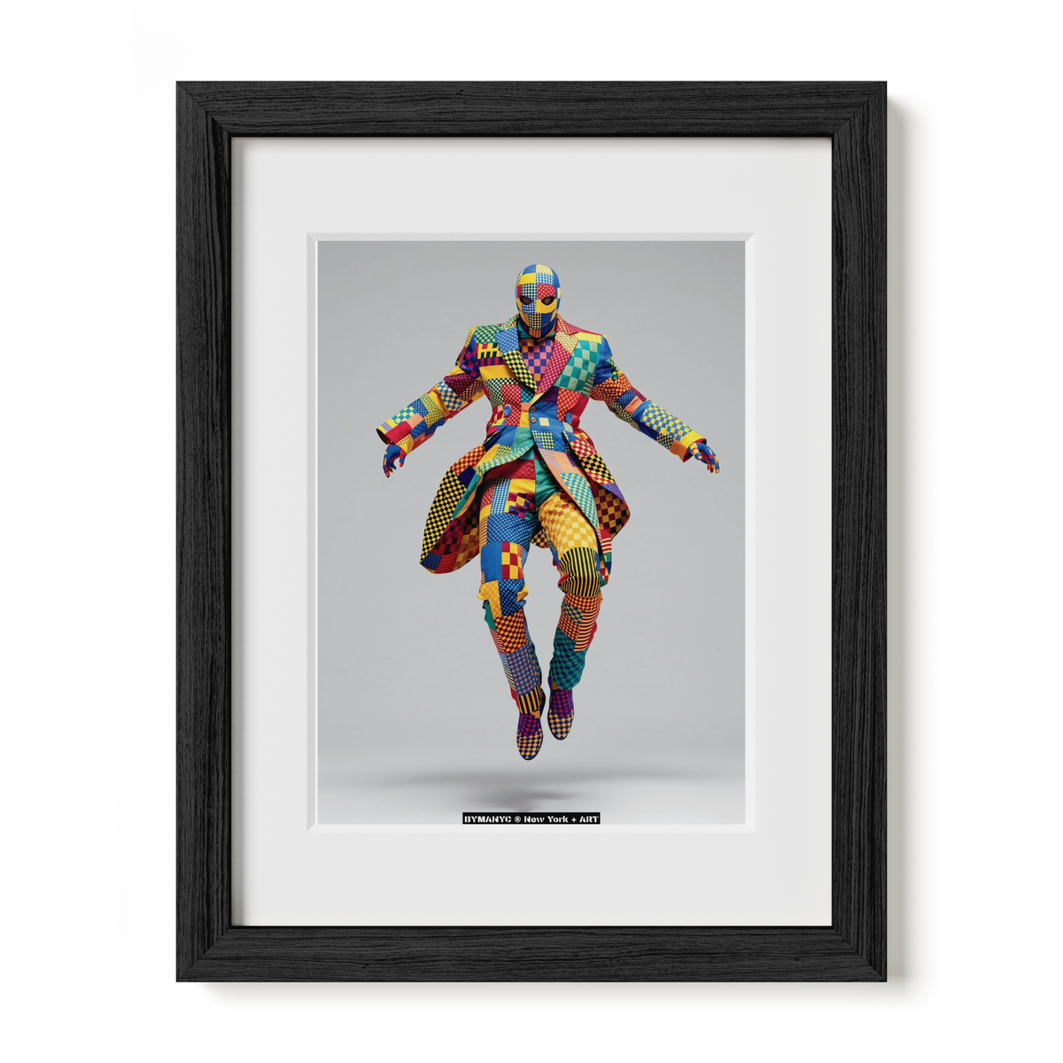 POSTER of ART AVANT-GARDE - THE HARLEQUIN DESCENT - Limited Edition High-Fashion Portrait with Full-Body Geometric Patchwork Suit and Mask in Levitating Pose - BYMANYC ® New York + ART