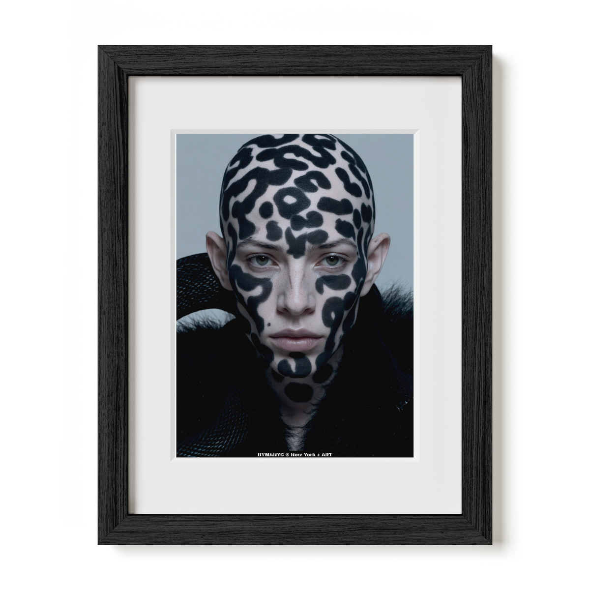 POSTER of ART AVANT-GARDE - THE INK LEOPARD - Limited Edition High-Fashion Bald Portrait with Abstract Black Spot Body Paint and Dark Fur Collar - BYMANYC ® New York + ART