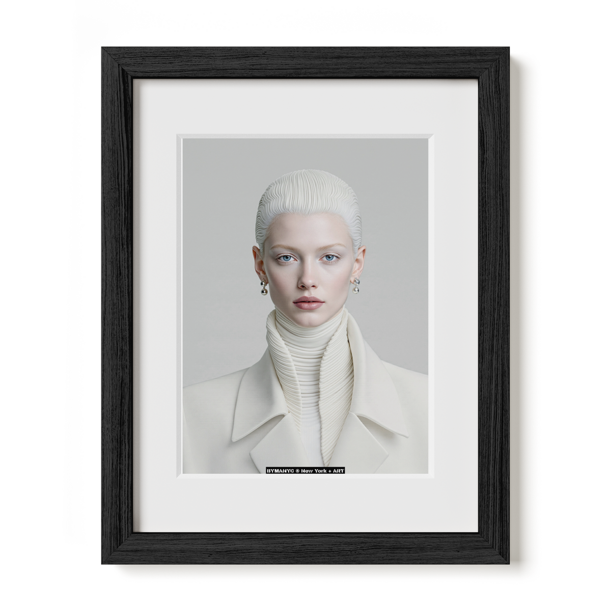 POSTER of ART AVANT-GARDE - THE IVORY MONOLITH - Limited Edition High-Fashion Portrait with Sculpted White Hair and Structured Tailored Blazer - BYMANYC ® New York + ART