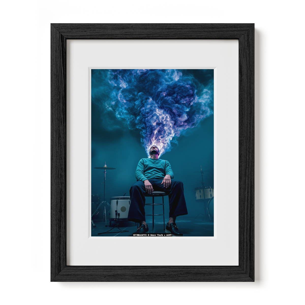 POSTER of ART AVANT-GARDE - THE COSMIC RESONANCE - Limited Edition High-Fashion Drummer Portrait with Nebula Smoke and Teal Atmosphere - BYMANYC ® New York + ART