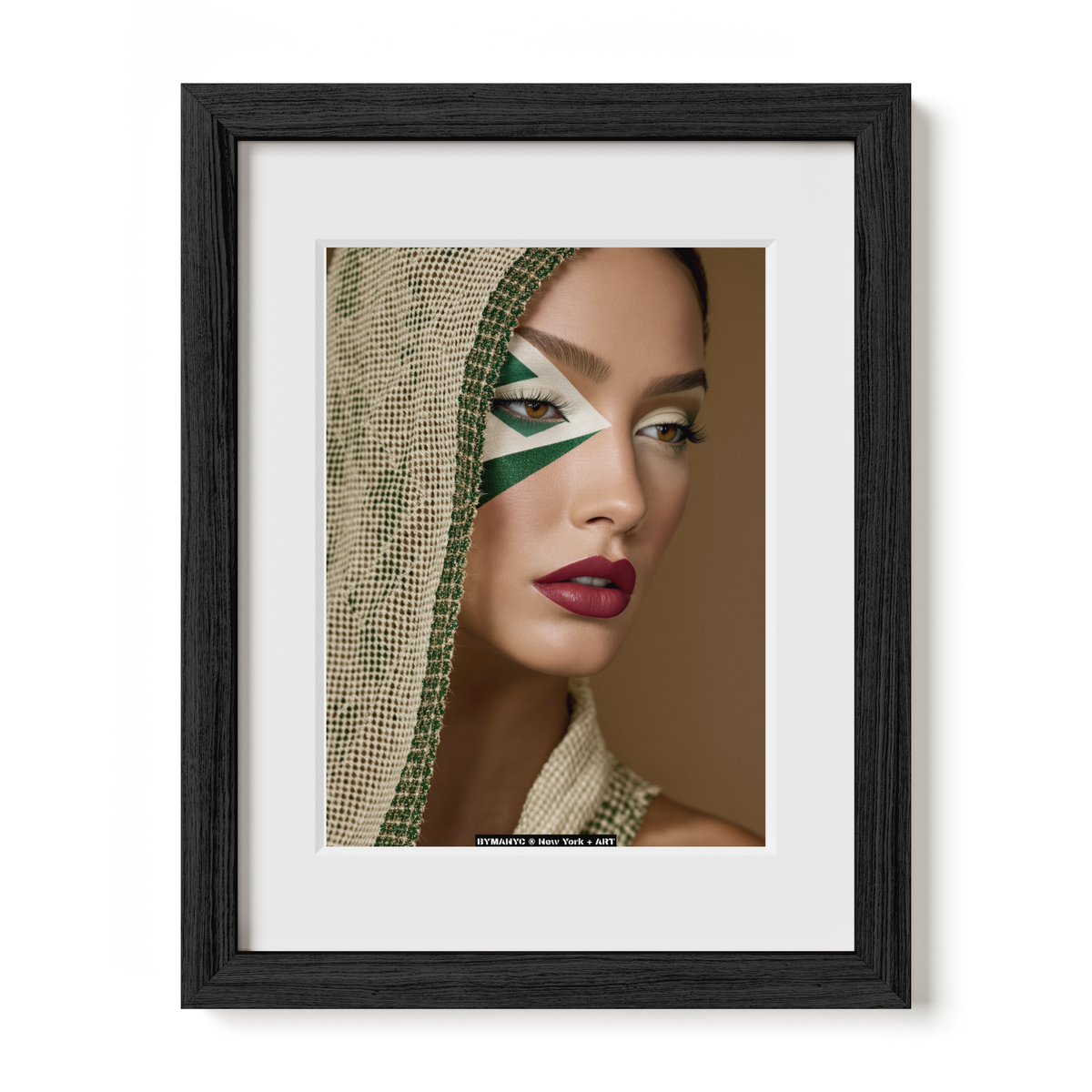 POSTER of ART AVANT-GARDE - THE EMERALD GEOMETRY - Limited Edition High-Fashion Portrait with Geometric Green Eye Makeup and Textured Mesh Hood - BYMANYC ® New York + ART