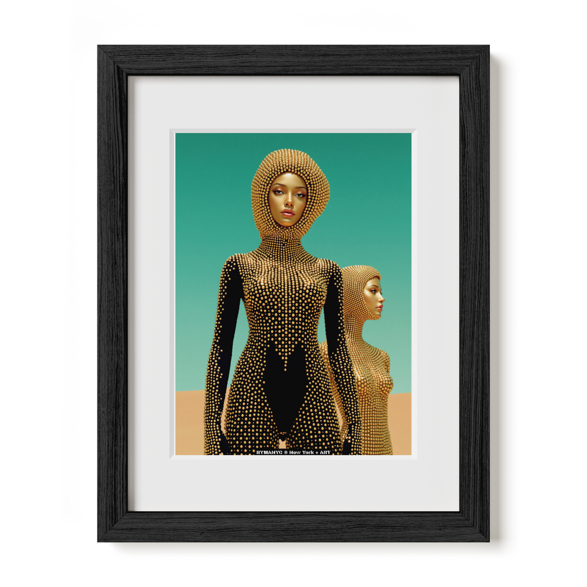 POSTER of ART AVANT-GARDE - THE GOLDEN CONSTELLATION - Limited Edition High-Fashion Bodysuit Portrait with Metallic Beads and Vibrant Turquoise Backdrop - BYMANYC ® New York + ART