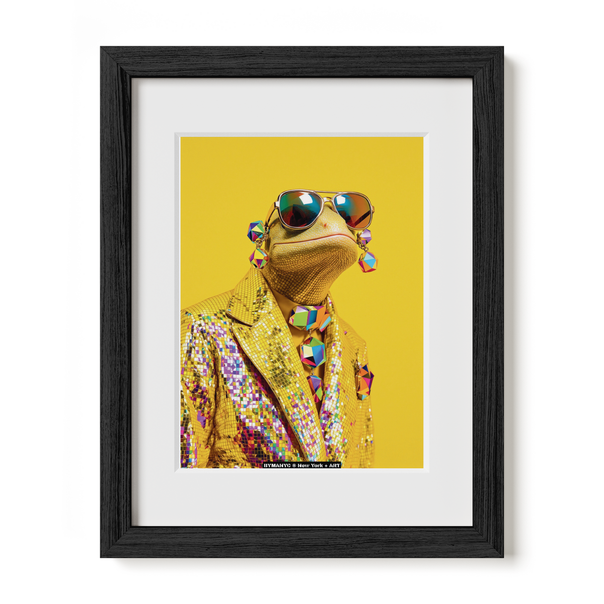 POSTER of ART AVANT-GARDE - THE GOLDEN REPTILE - Limited Edition High-Fashion Portrait with Holographic Sequin Suit and Iridescent Aviator Sunglasses - BYMANYC ® New York + ART