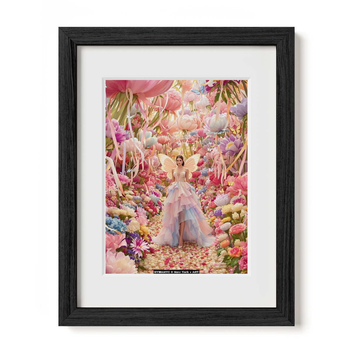 POSTER of ART AVANT-GARDE - THE FLORAL ETHEREAL - Limited Edition High-Fashion Fantasy Portrait with Butterfly Wings and Pastel Floral Garden - BYMANYC ® New York + ART