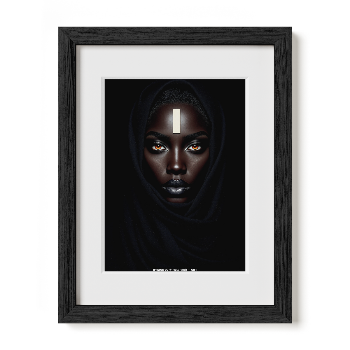 POSTER of ART AVANT-GARDE - THE ECLIPSE OBSIDIAN - Limited Edition High-Fashion Portrait with Deep Black Hood, Glowing Amber Eyes, and Minimalist Gold Forehead Element - BYMANYC ® New York + ART