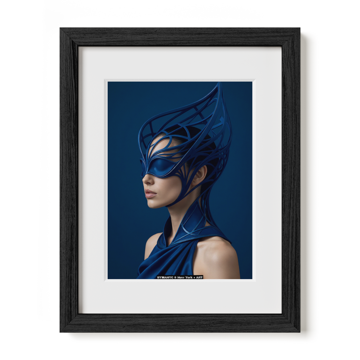 POSTER of ART AVANT-GARDE - THE SAPPHIRE CROWN - Limited Edition High-Fashion Portrait with Architectural Filigree Mask and Cobalt Silk Draping - BYMANYC ® New York + ART