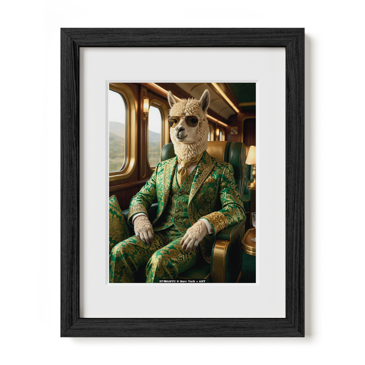 POSTER of ART AVANT-GARDE - THE ANDES ARISTOCRAT - Limited Edition High-Fashion Seated Portrait of an Alpaca in Ornate Green Brocade Suit and Aviator Sunglasses Aboard a Luxury Train - BYMANYC ® New York + ART
