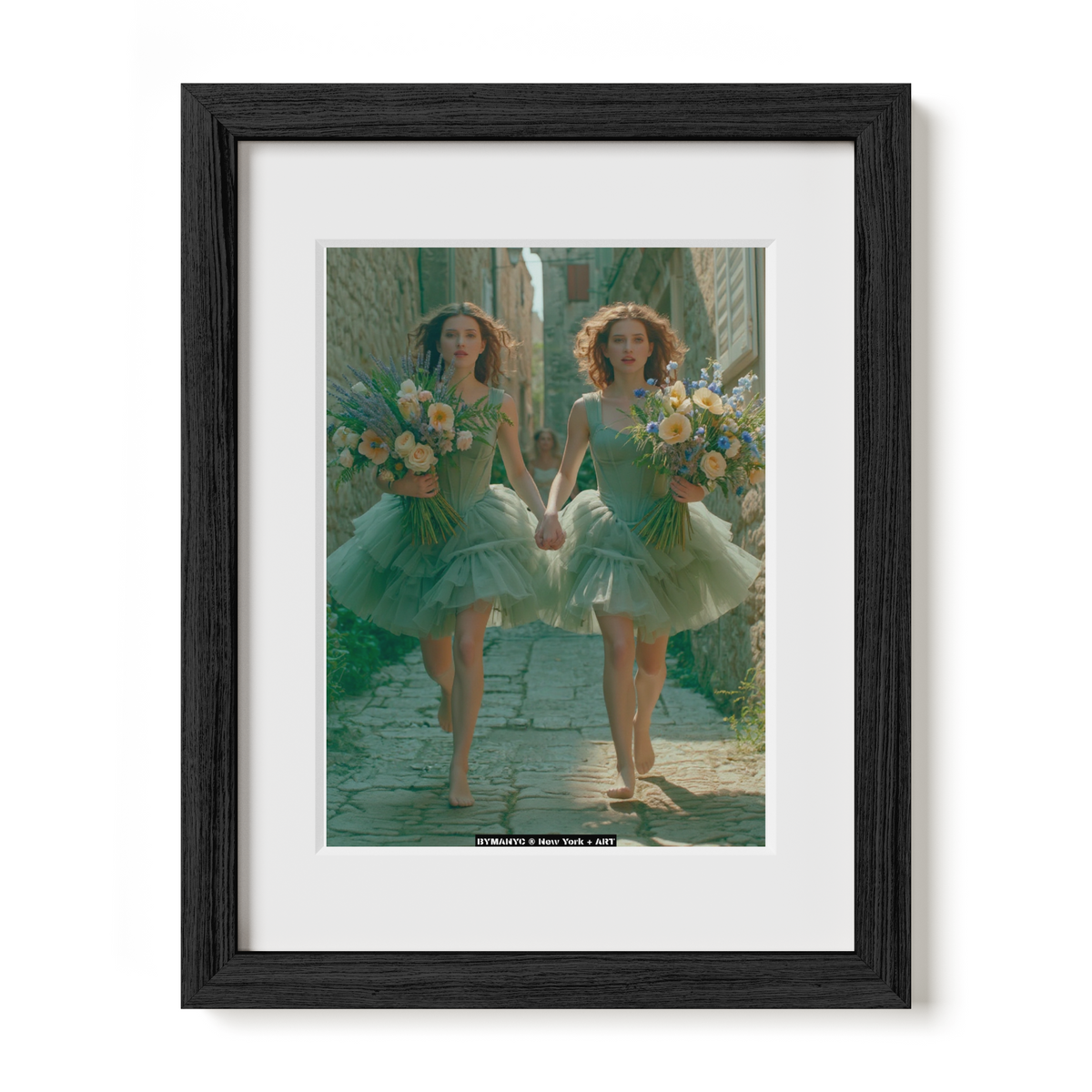 POSTER of ART AVANT-GARDE - THE TUSCAN DUET - Limited Edition High-Fashion Portrait of Twin Models in Sage Green Tulle Dresses Running Barefoot with Floral Bouquets on an Old Stone Pathway - BYMANYC ® New York + ART