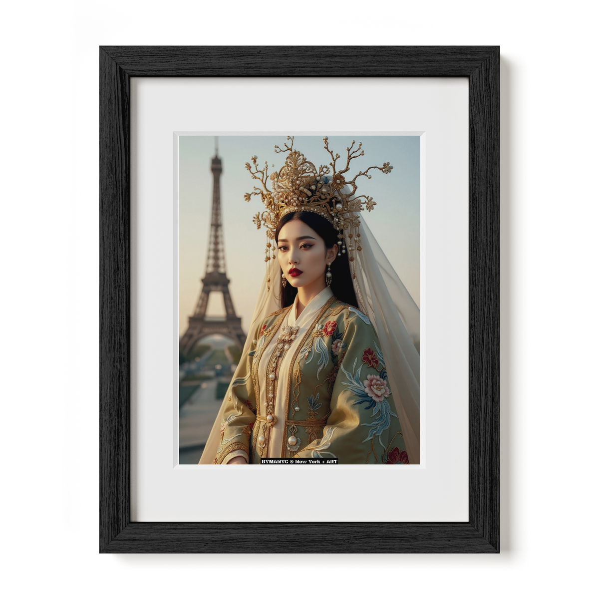 POSTER of ART AVANT-GARDE - THE PARISIAN EMPRESS - Ornate Golden Crown and Embroidered Robe Portrait with Eiffel Tower Background - BYMANYC ® New York + ART