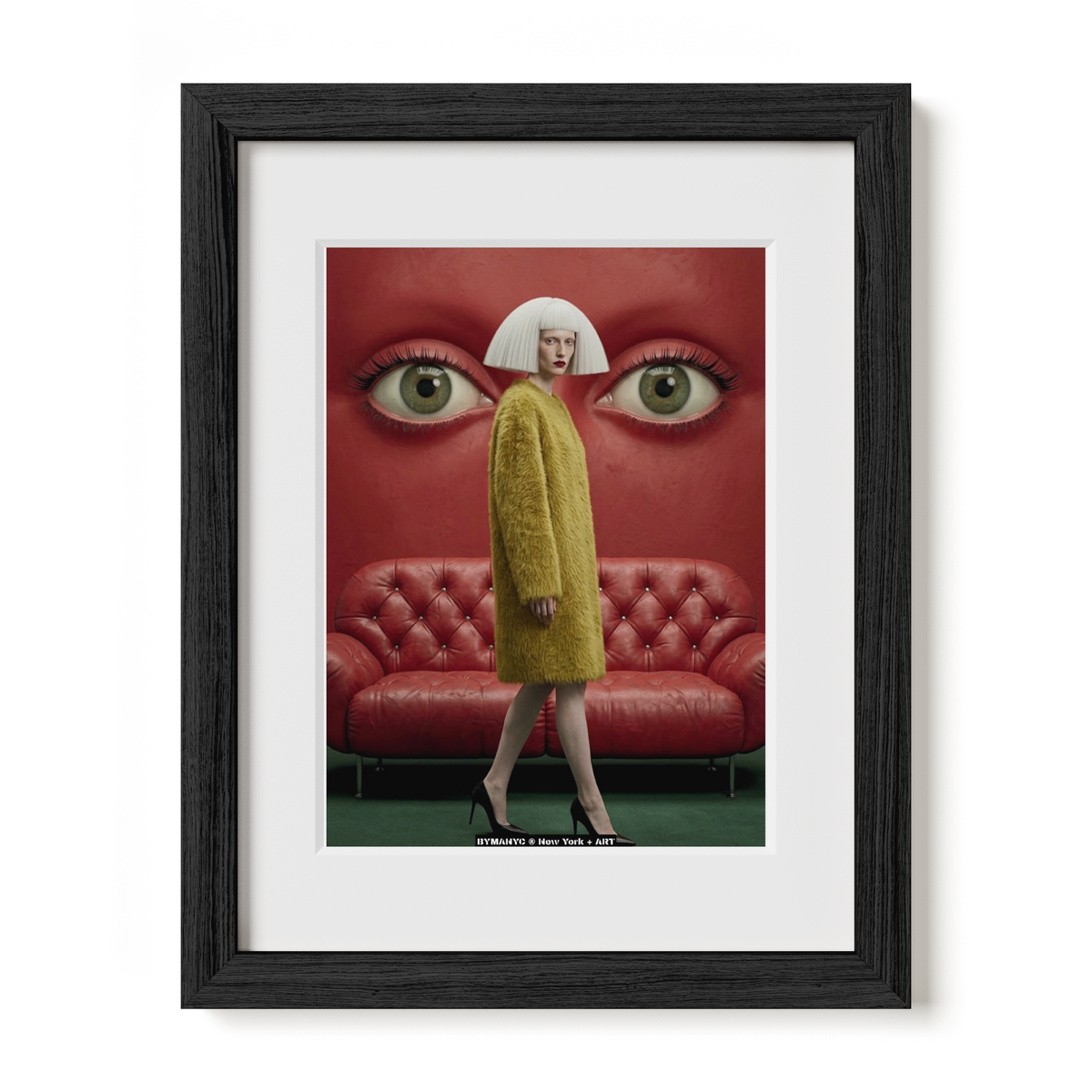 POSTER of ART AVANT-GARDE - THE SURREAL GAZE - Yellow Fuzzy Coat and Giant Red Eyes Background Portrait - BYMANYC ® New York + ART