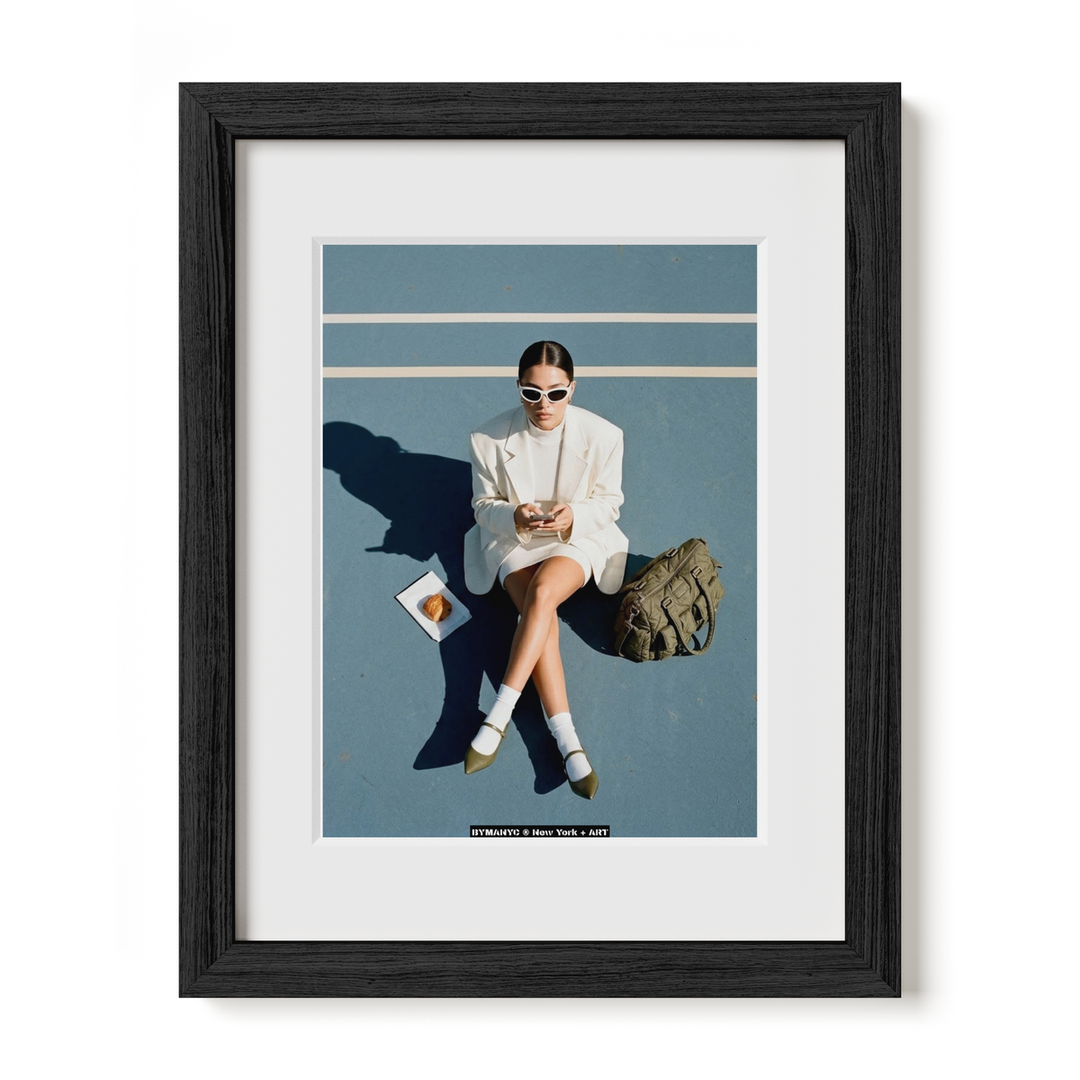 POSTER of ART AVANT-GARDE - THE COURTHOUSE BREAK - White Suit, Croissant and Olive Bag Portrait - BYMANYC ® New York + ART