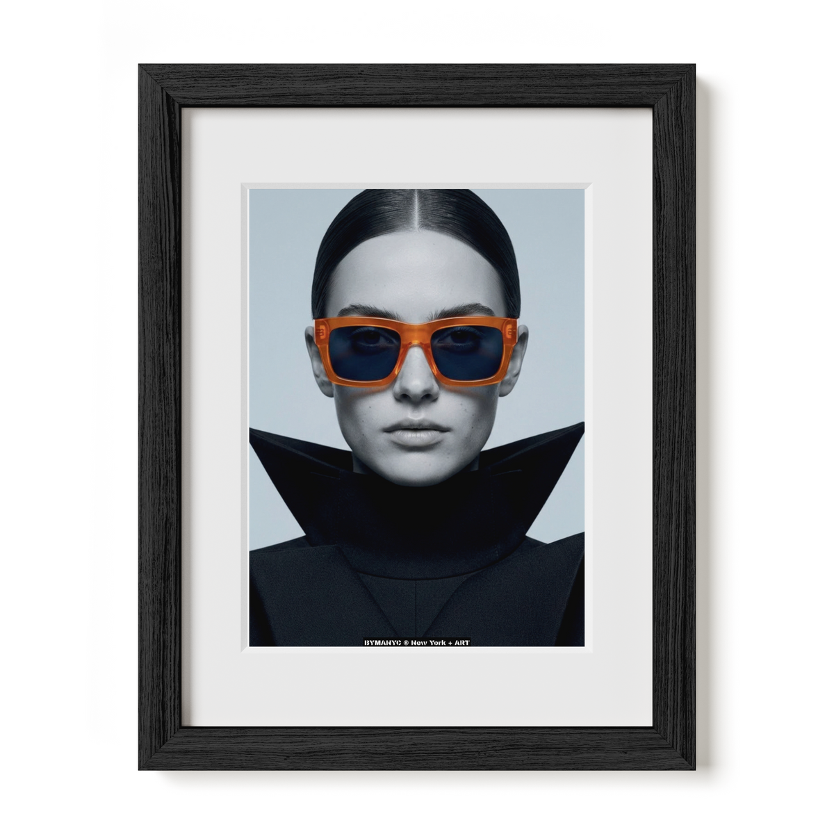 POSTER of ART AVANT-GARDE - THE AMBER VISTA - Orange Sunglasses and Structured Black Collar Portrait - BYMANYC ® New York + ART
