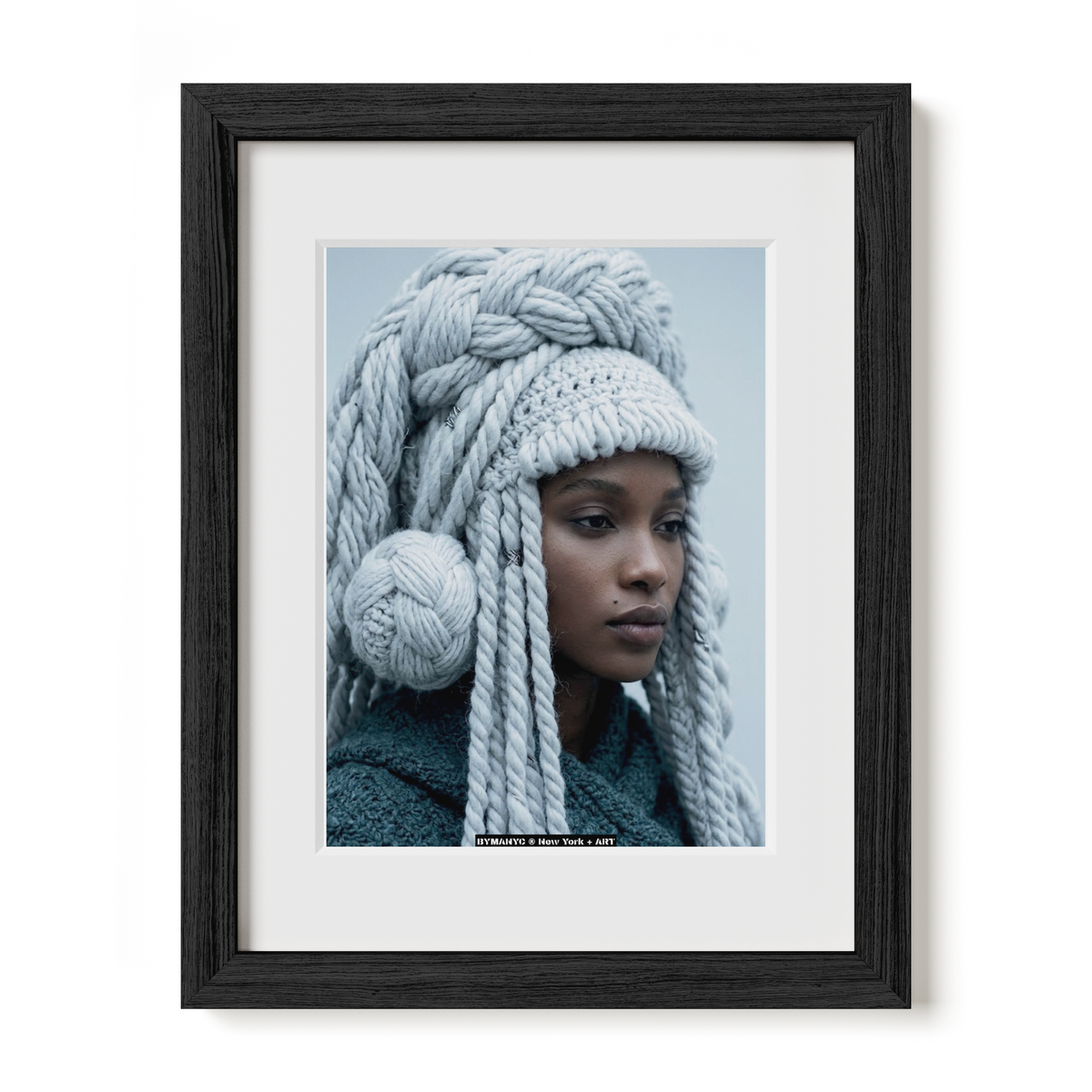 POSTER of ART AVANT-GARDE - THE FROZEN BRAID - Chunky Knit Headpiece and Teal Garment Portrait - BYMANYC ® New York + ART