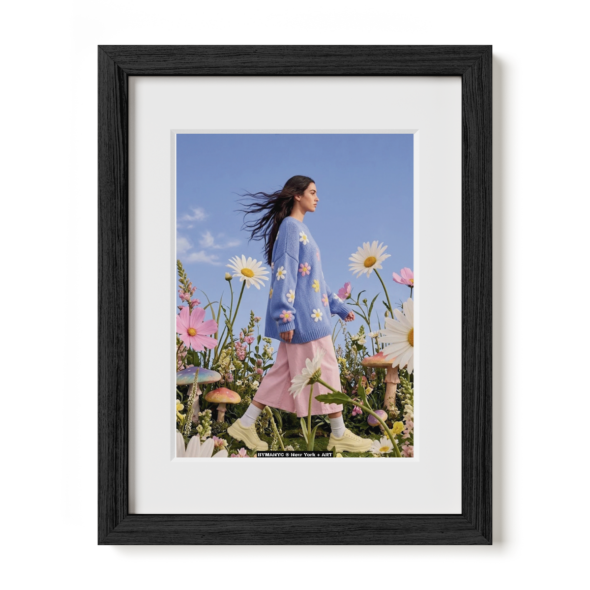 POSTER of ART AVANT-GARDE - THE FLORAL MEADOW - Blue Daisy Sweater and Giant Blossoms Portrait - BYMANYC ® New York + ART