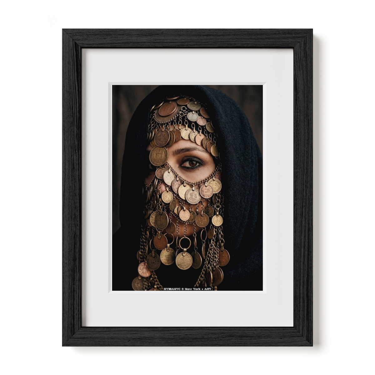 POSTER of ART AVANT-GARDE - THE GILDED VEIL - Antique Coin Headdress and Black Hood Portrait - BYMANYC ® New York + ART