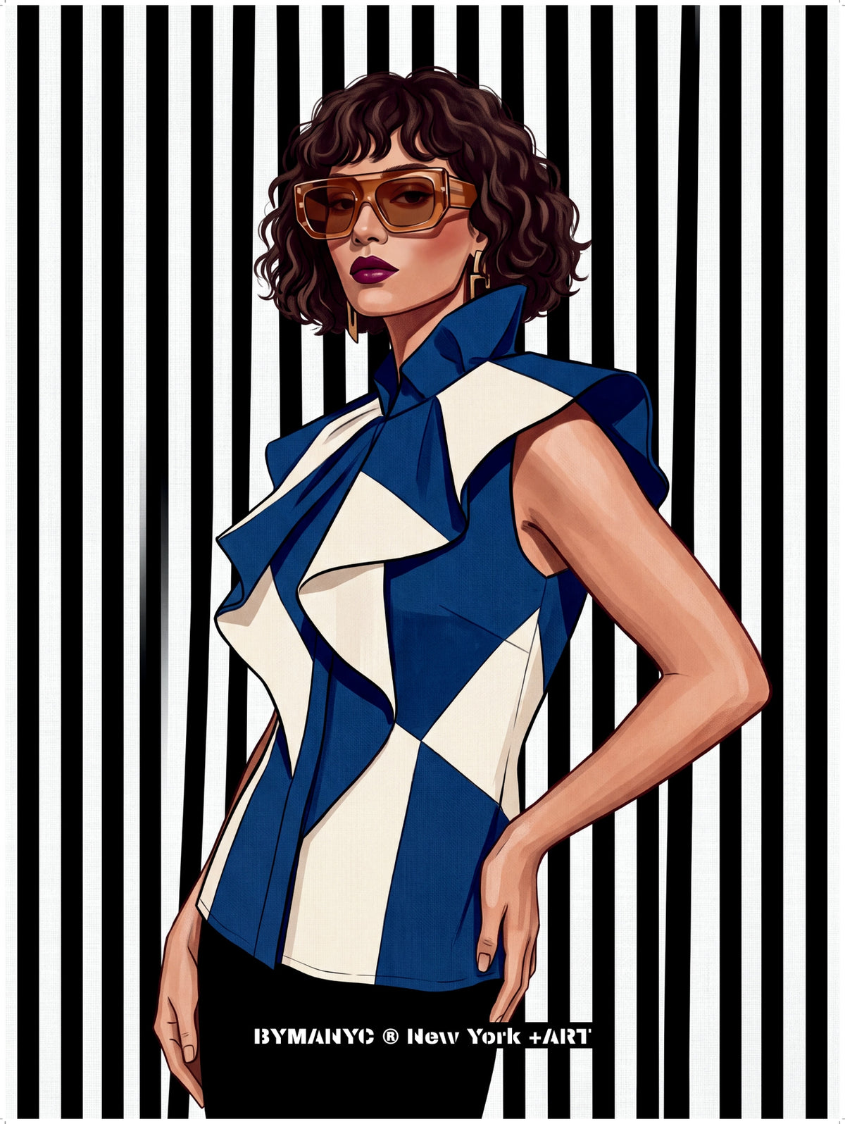 POSTER of POP ART - THE GEOMETRIC CASCADE - Cobalt Blue and Ivory Ruffled Blouse - BYMANYC ® New York + ART