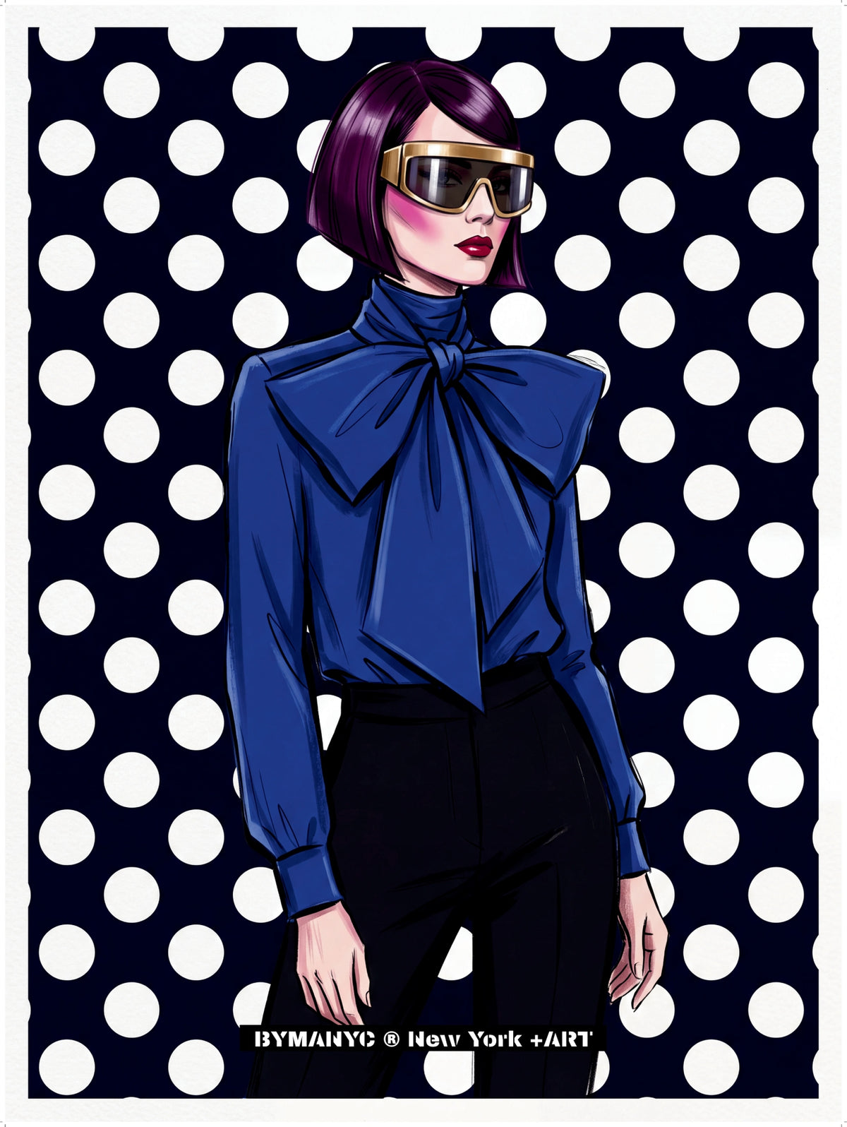 POSTER of POP ART - THE ROYAL BOW - Blue Bow Blouse and Gold-Trimmed Visor against Polka Dot Backdrop - BYMANYC ® New York ART