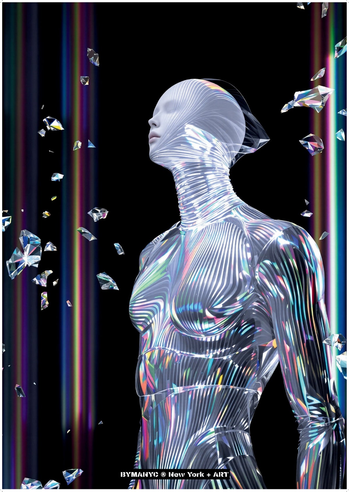 POSTER of ART AVANT-GARDE - THE CHROME ENTITY - Limited Edition High-Fashion Iridescent Figure with Floating Crystals and Deep Void - BYMANYC ® New York + ART