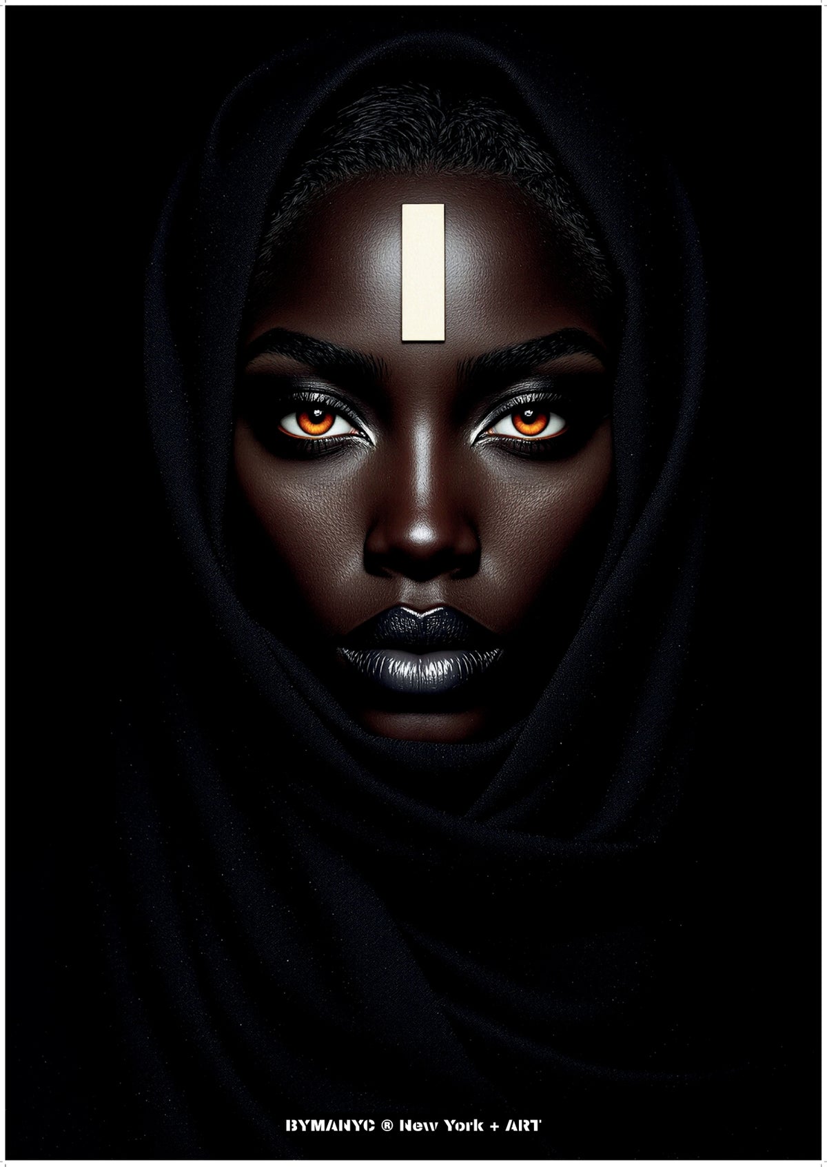 POSTER of ART AVANT-GARDE - THE ECLIPSE OBSIDIAN - Limited Edition High-Fashion Portrait with Deep Black Hood, Glowing Amber Eyes, and Minimalist Gold Forehead Element - BYMANYC ® New York + ART