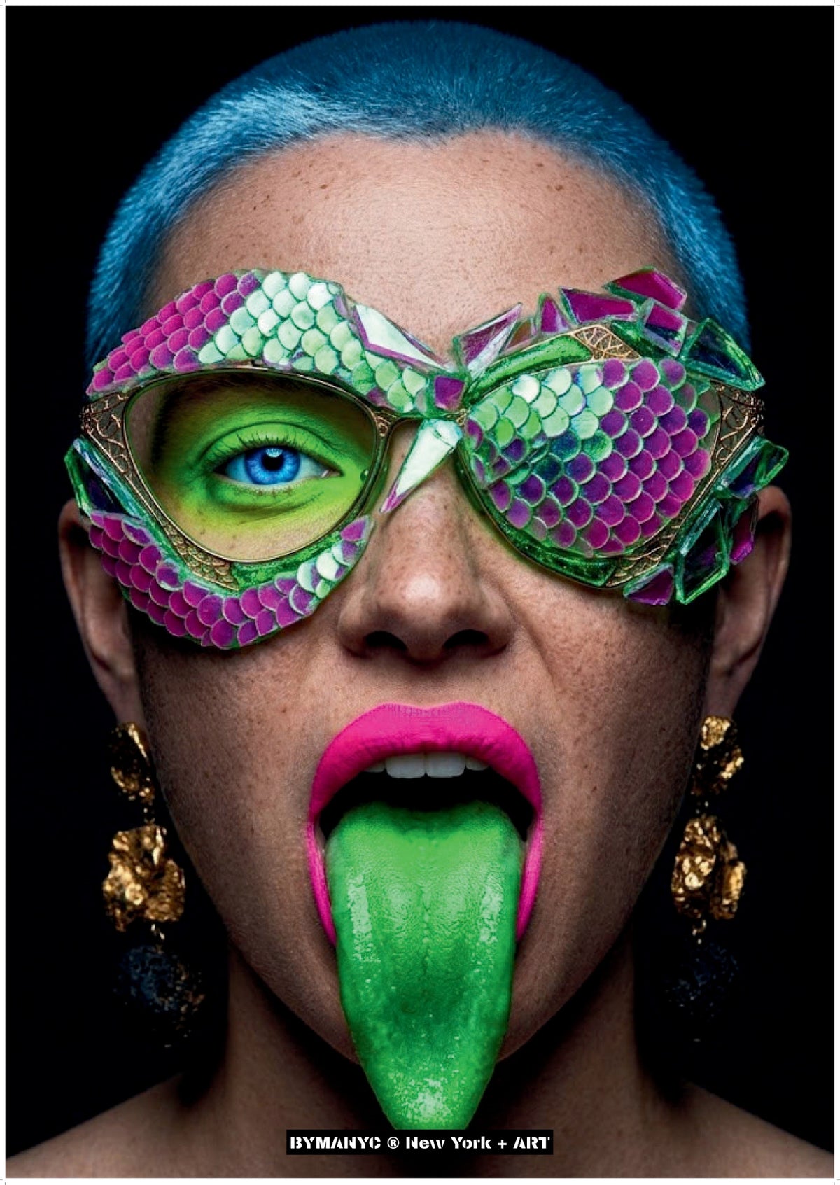 POSTER of ART AVANT-GARDE - THE REPTILIAN SIREN - Limited Edition Avant-Garde Portrait with Mosaic Eyewear and Emerald Tongue - BYMANYC ® New York + ART