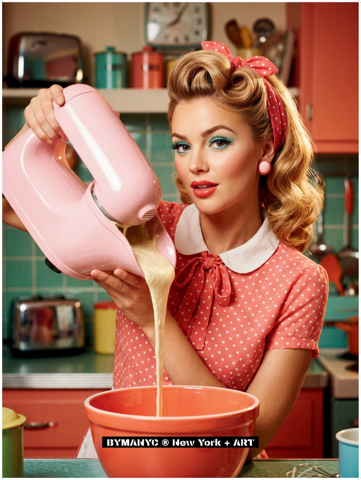 POSTER of ART AVANT-GARDE - VINTAGE PINK MIXER - Retro Kitchen Baker Portrait - BYMANYC ® New York + ART
