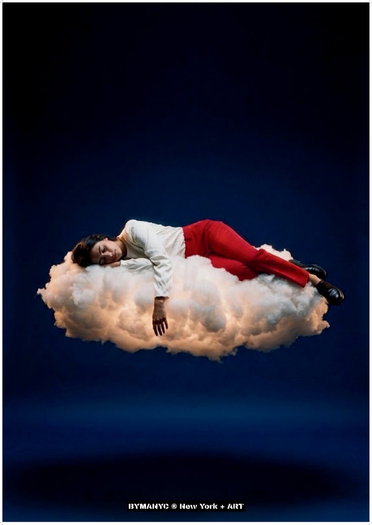 POSTER of ART AVANT-GARDE - THE SLEEPING CLOUD - Woman Resting on Illuminated Floating Cloud Portrait - BYMANYC ® New York + ART