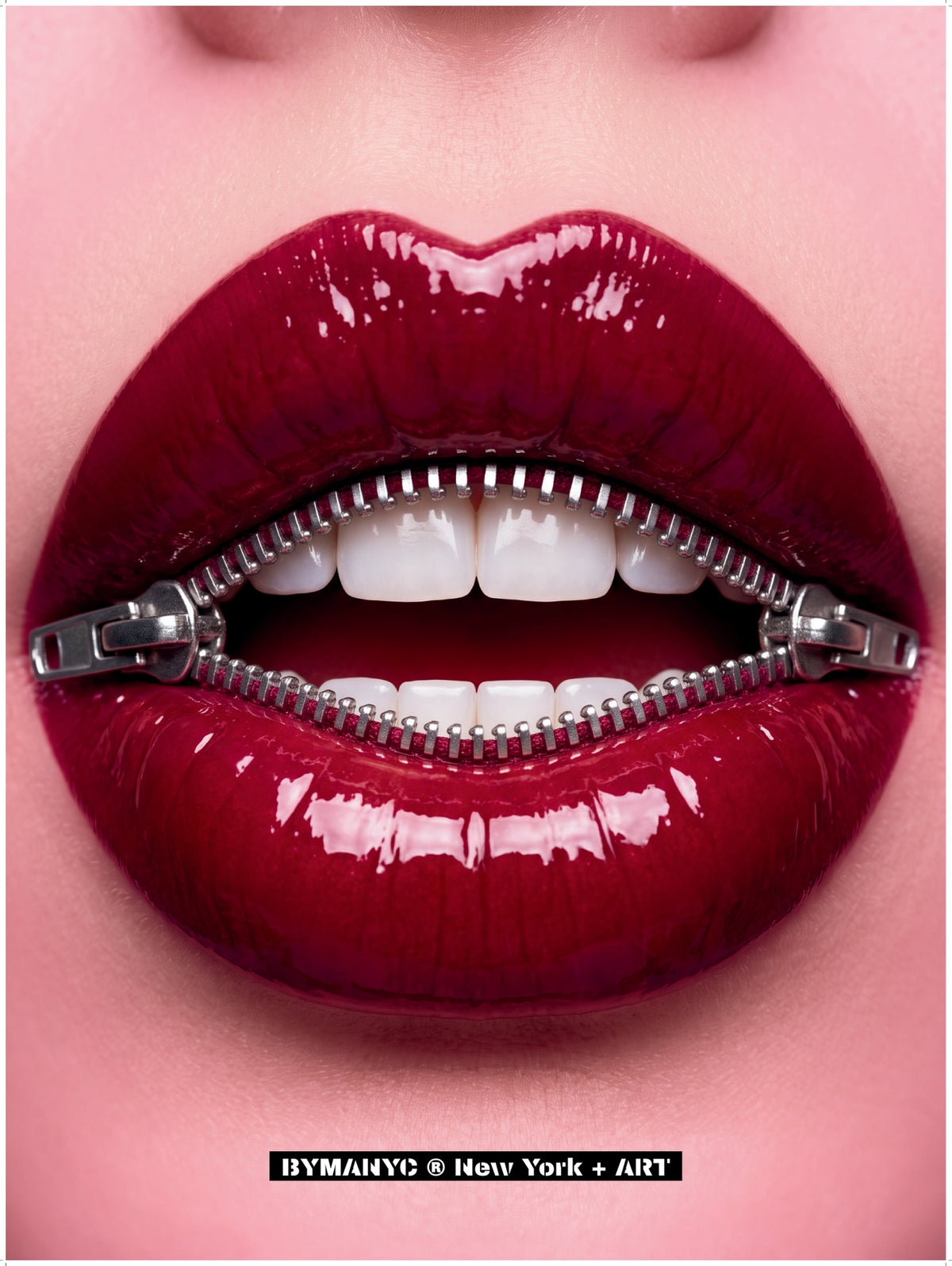POSTER of ART AVANT-GARDE - ZIPPER KISS - Metallic Teeth and Red Lips Portrait - BYMANYC ® New York + ART