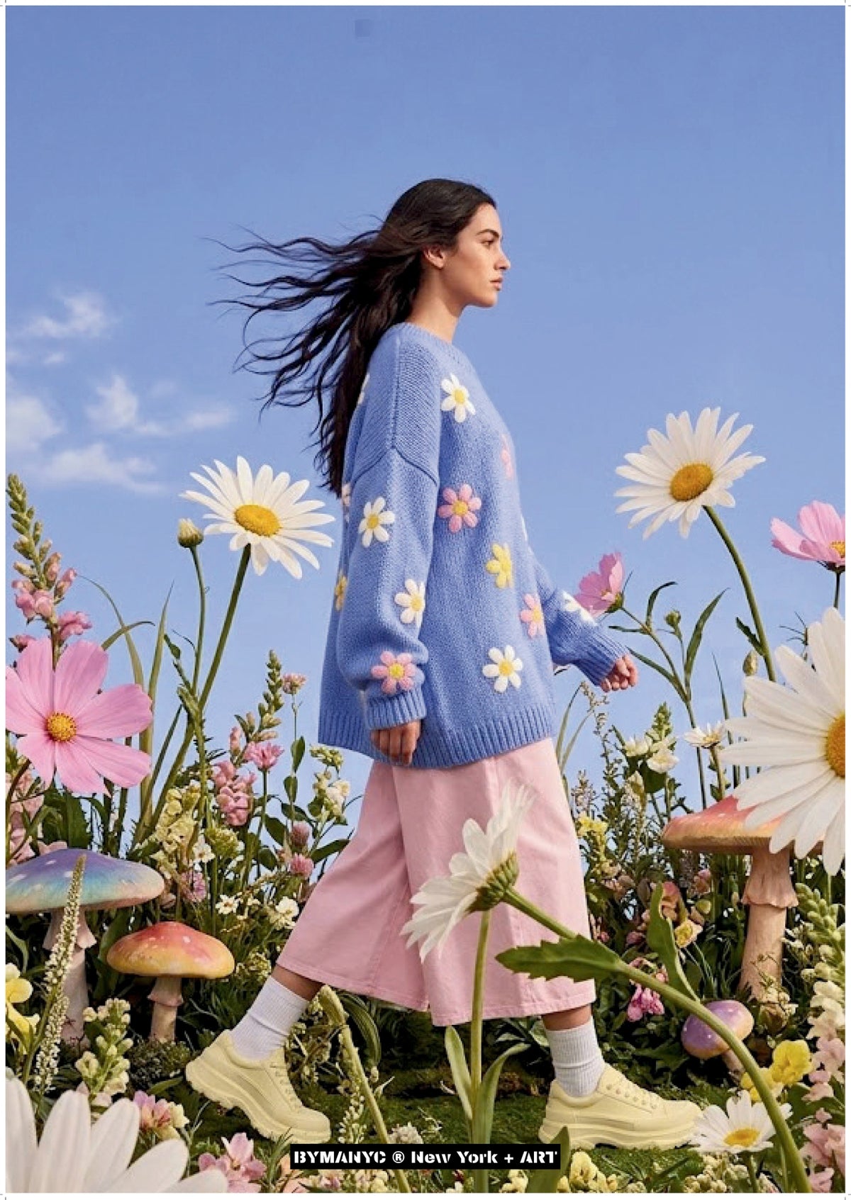 POSTER of ART AVANT-GARDE - THE FLORAL MEADOW - Blue Daisy Sweater and Giant Blossoms Portrait - BYMANYC ® New York + ART