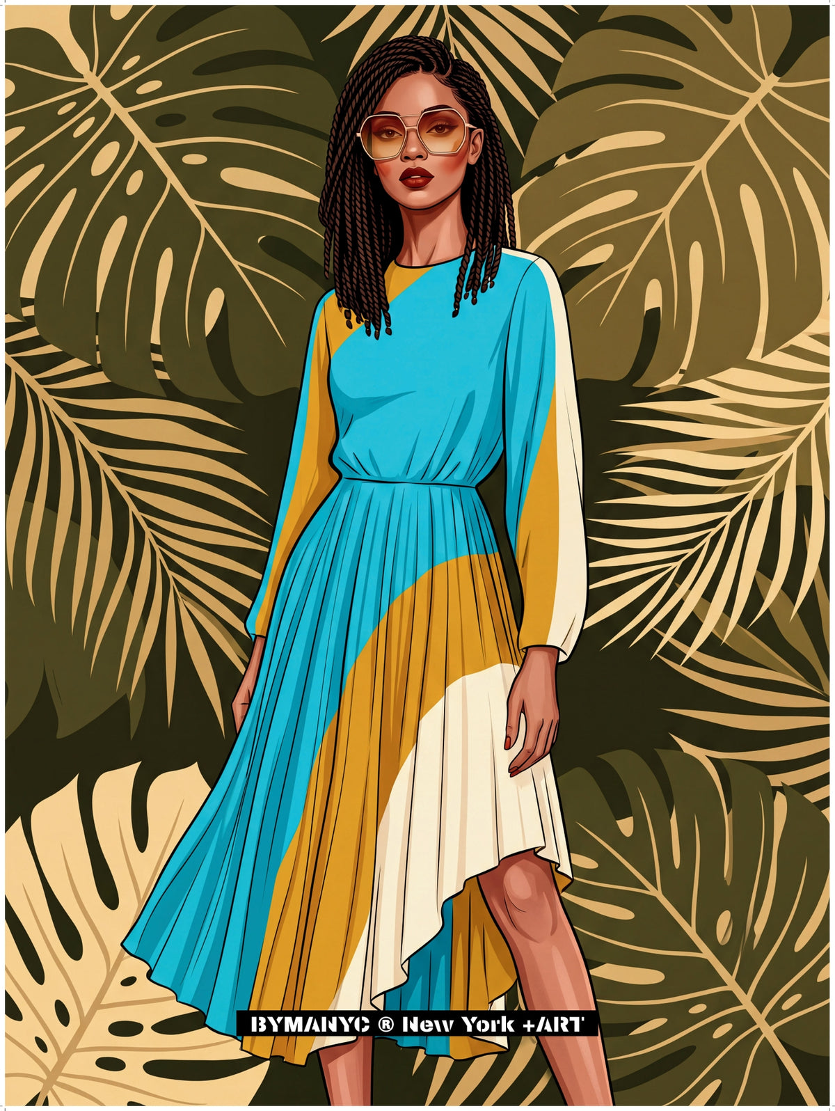 POSTER of POP ART - THE TROPICAL PALM - Blue and Yellow Pleated Dress in Jungle Foliage - BYMANYC ® New York ART