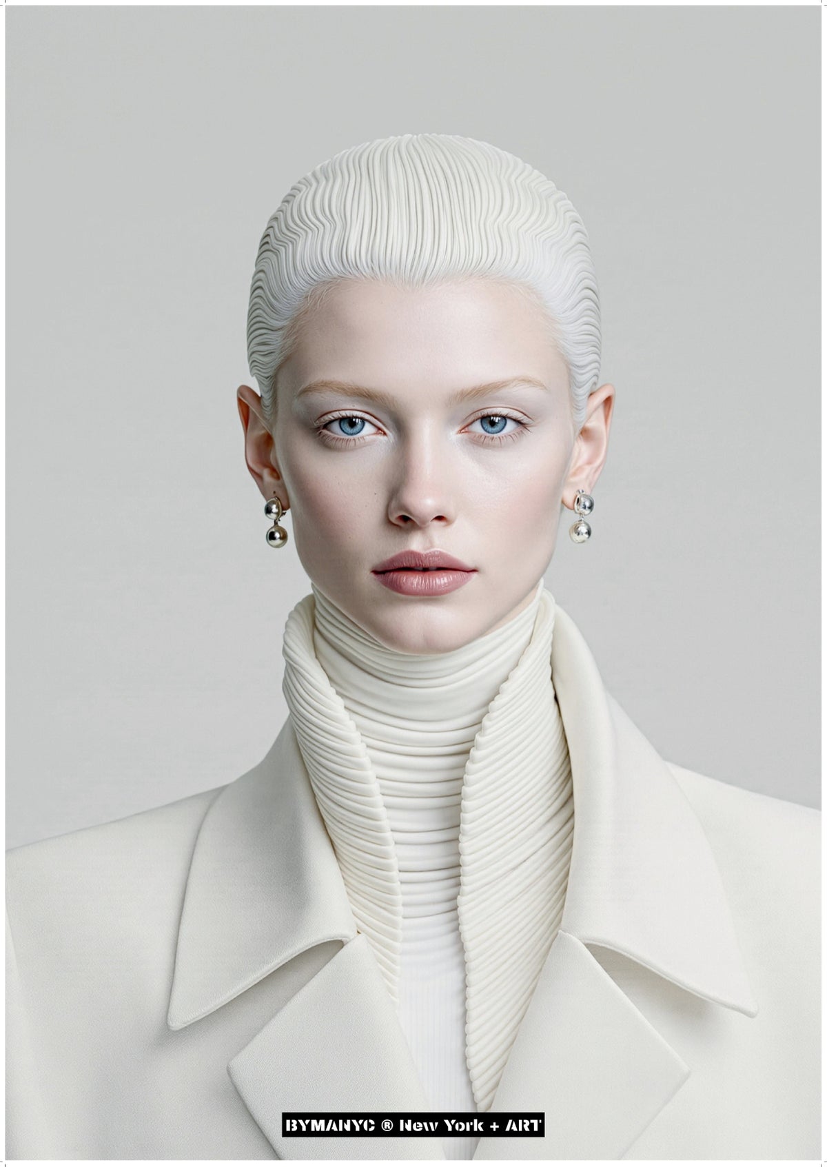 POSTER of ART AVANT-GARDE - THE IVORY MONOLITH - Limited Edition High-Fashion Portrait with Sculpted White Hair and Structured Tailored Blazer - BYMANYC ® New York + ART