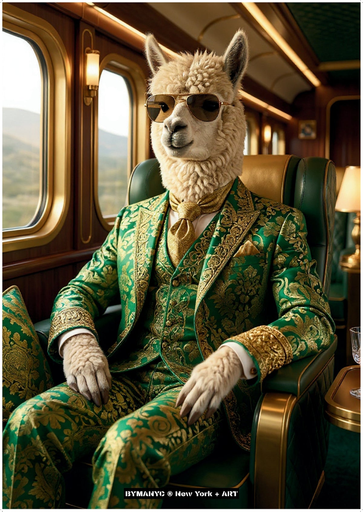POSTER of ART AVANT-GARDE - THE ANDES ARISTOCRAT - Limited Edition High-Fashion Seated Portrait of an Alpaca in Ornate Green Brocade Suit and Aviator Sunglasses Aboard a Luxury Train - BYMANYC ® New York + ART